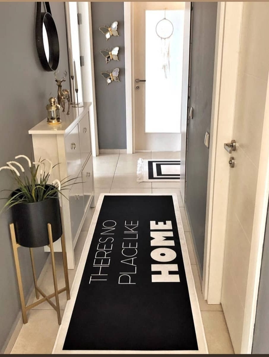 HOME SİYAH - Kaymaz Deri Taban Makinede Yıkanabilir Salon Oturma Odası Mutfak Halısı