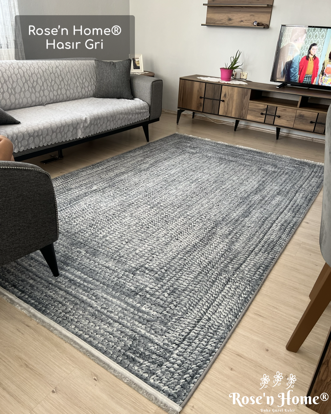 HASIR GRİ - Kaymaz Deri Taban Makinede Yıkanabilir Salon Oturma Odası Mutfak Halısı