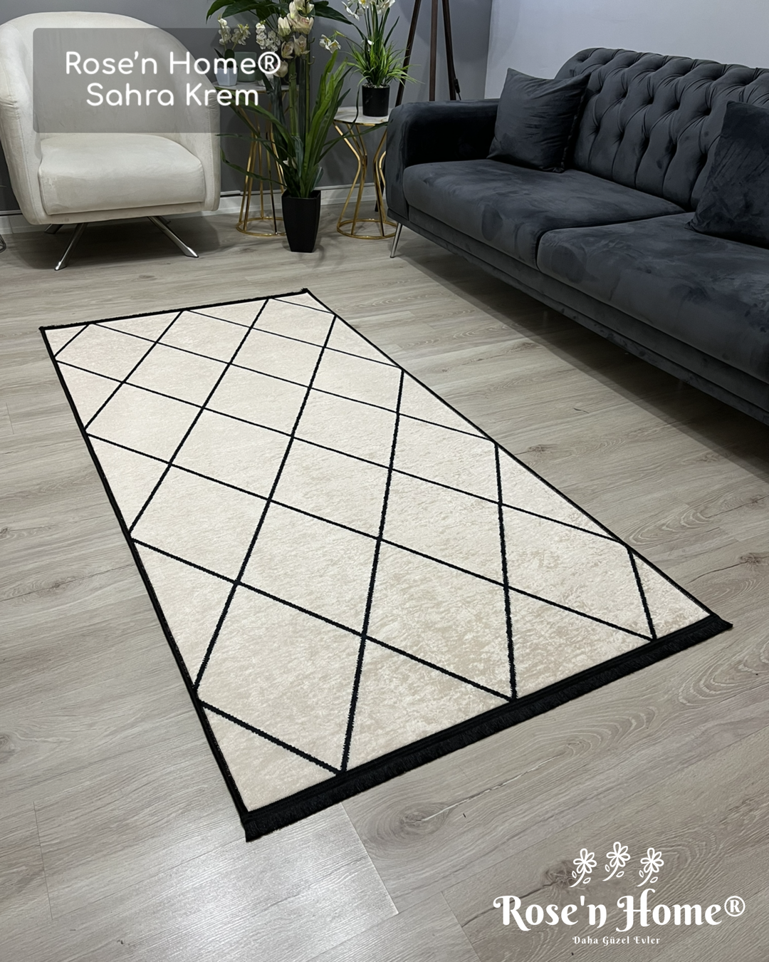 SAHRA KREM - Kaymaz Deri Taban Makinede Yıkanabilir Salon Oturma Odası Mutfak Halısı