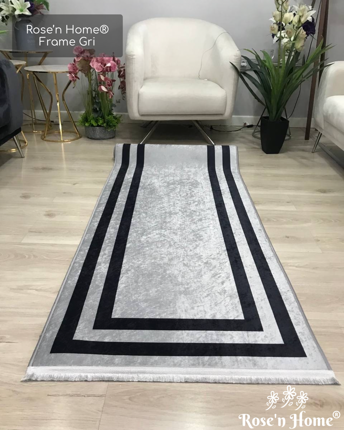 FRAME SİYAH GRİ - Kaymaz Deri Taban Makinede Yıkanabilir Salon Oturma Odası Mutfak Halısı