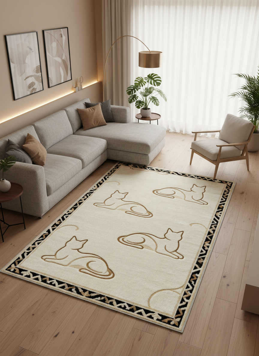 Arte KD004 Kedi Desenli Pati Dostu Hayvanseverler İçin Dekoratif Halı