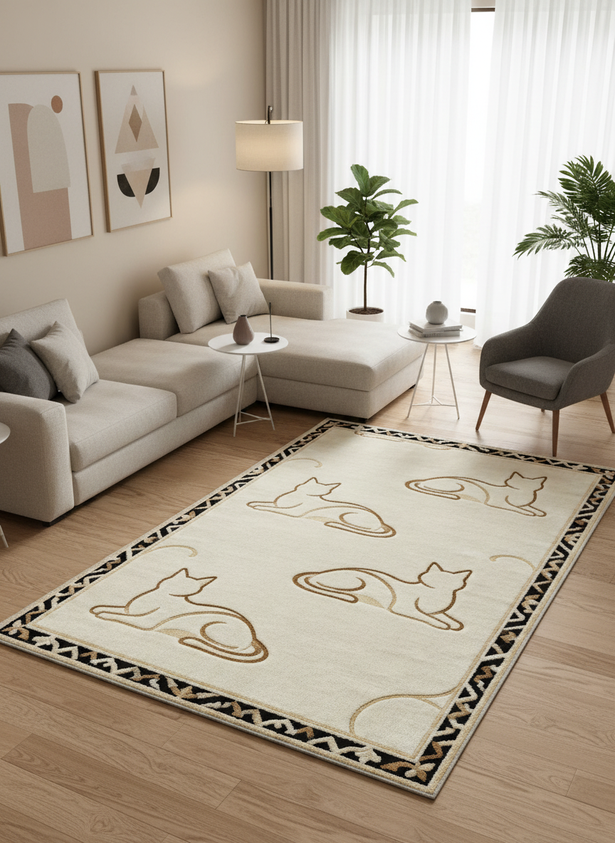 Arte KD004 Kedi Desenli Pati Dostu Hayvanseverler İçin Dekoratif Halı