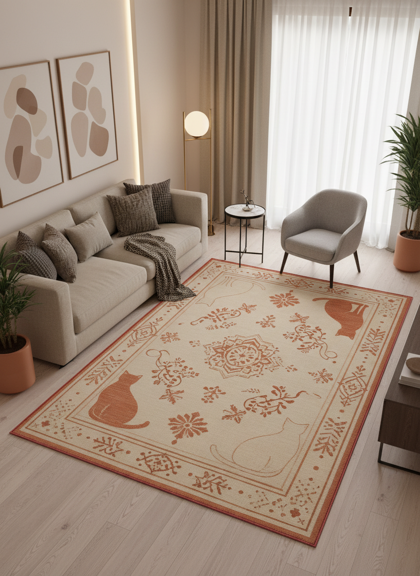 Arte KD010 Kedi Desenli Pati Dostu Hayvanseverler İçin Dekoratif Halı