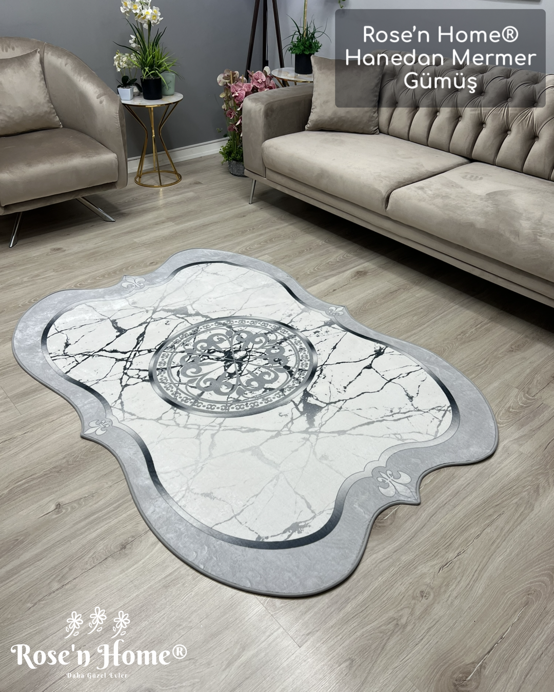 HANEDAN MERMER GÜMÜŞ - Kaymaz Deri Taban Makinede Yıkanabilir Salon Oturma Odası Mutfak Halısı