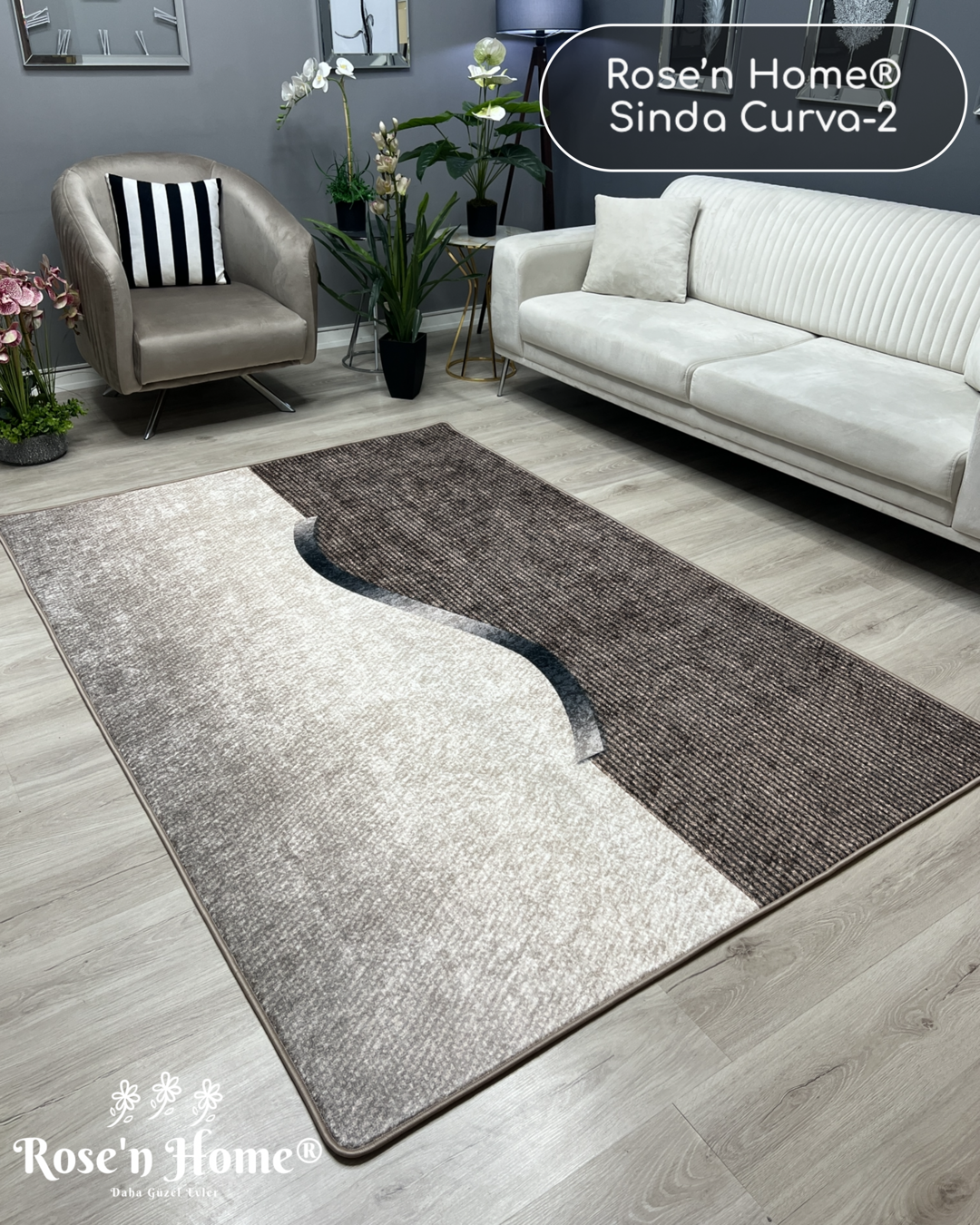 SİNDA CURVA-2 - Kaymaz Deri Taban Makinede Yıkanabilir Salon Oturma Odası Mutfak Halısı