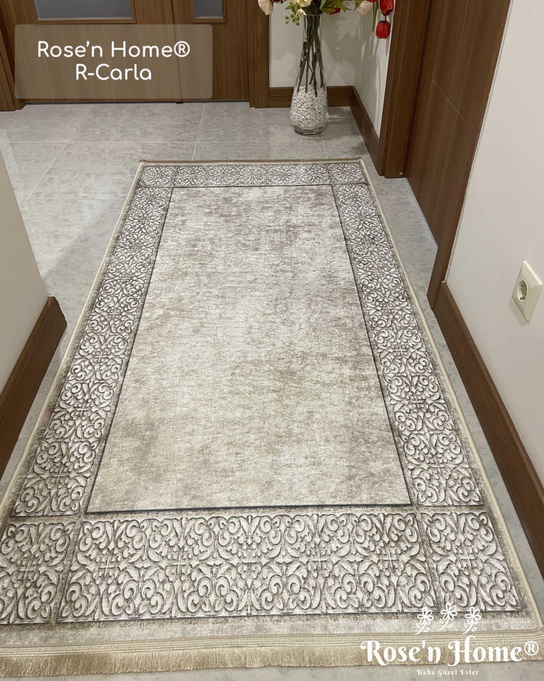 R-CARLA - Kaymaz Deri Taban Makinede Yıkanabilir Salon Oturma Odası Mutfak Halısı