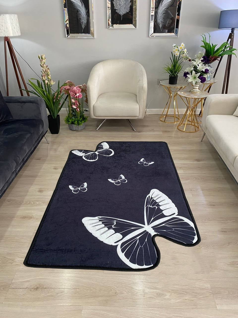 BUTTERFLY - Kaymaz Deri Taban Makinede Yıkanabilir Salon Oturma Odası Mutfak Halısı