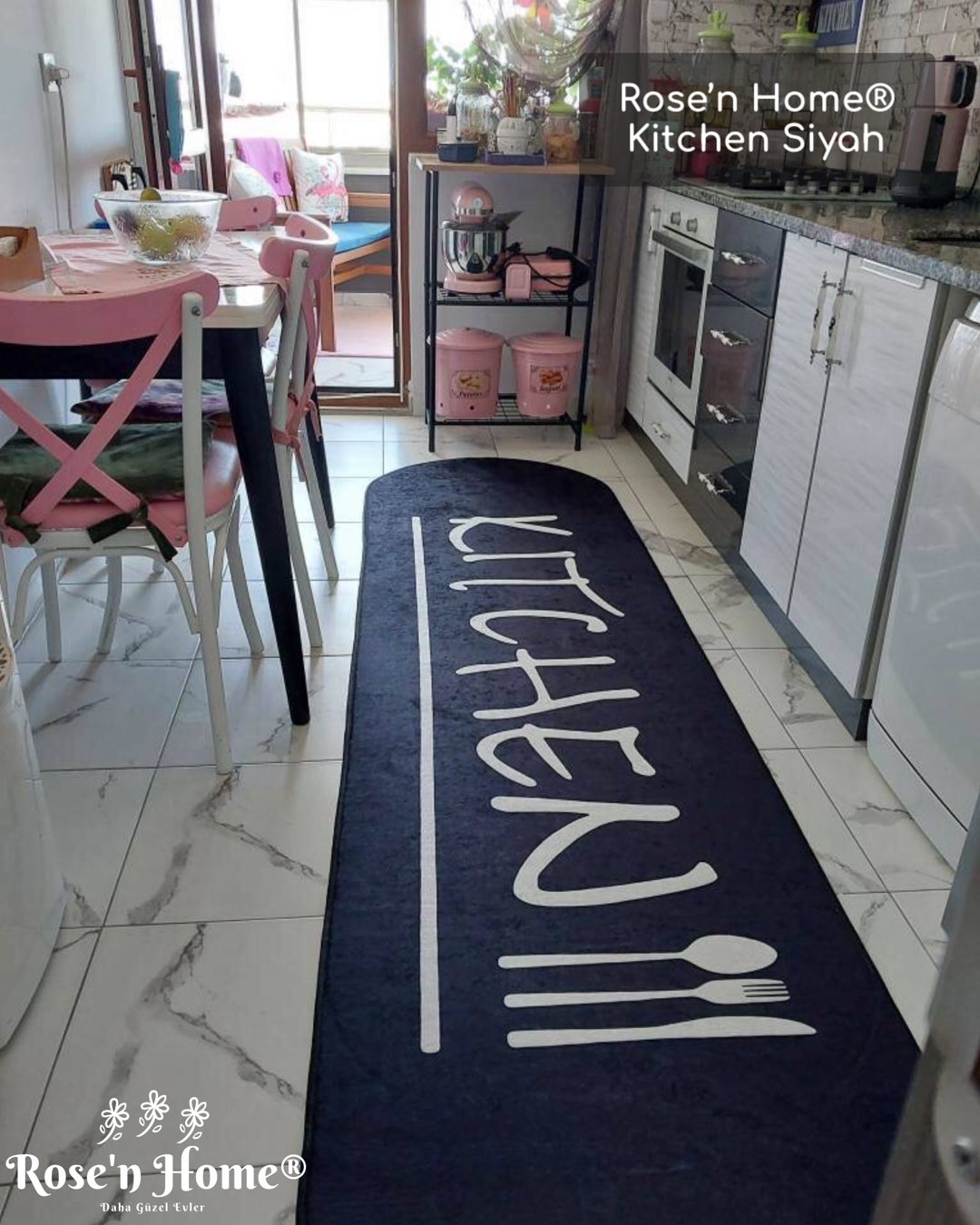 KİTCHEN SİYAH - Kaymaz Deri Taban Makinede Yıkanabilir Salon Oturma Odası Mutfak Halısı