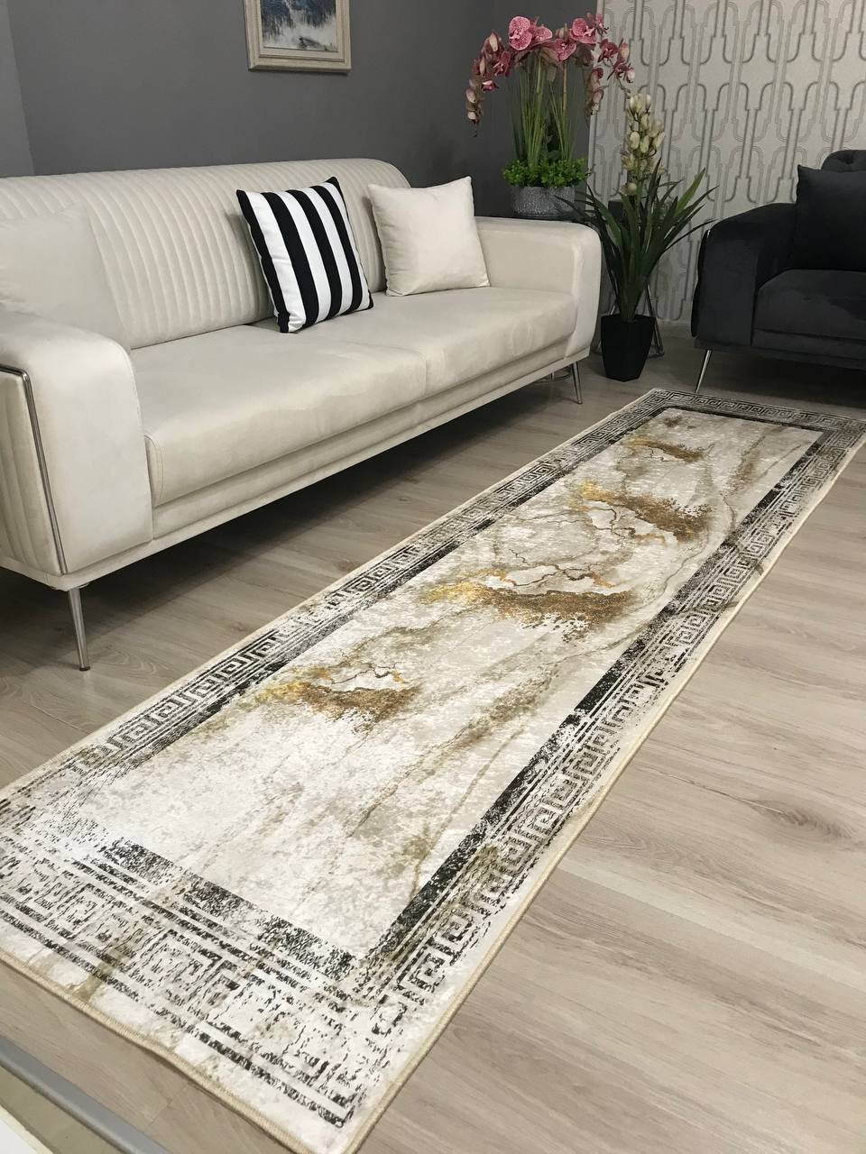 CHAİN MARBLE GOLD - Kaymaz Deri Taban Makinede Yıkanabilir Salon Oturma Odası Mutfak Halısı