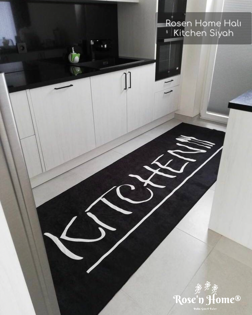 KİTCHEN SİYAH - Kaymaz Deri Taban Makinede Yıkanabilir Salon Oturma Odası Mutfak Halısı