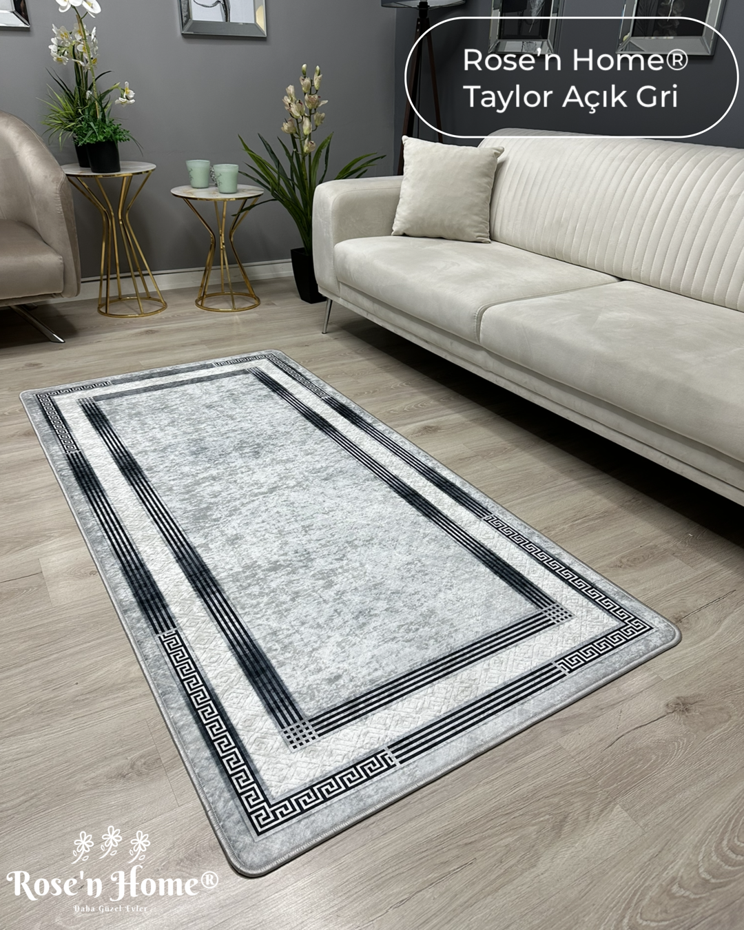 TAYLOR AÇIK GRİ - Kaymaz Deri Taban Makinede Yıkanabilir Salon Oturma Odası Mutfak Halısı