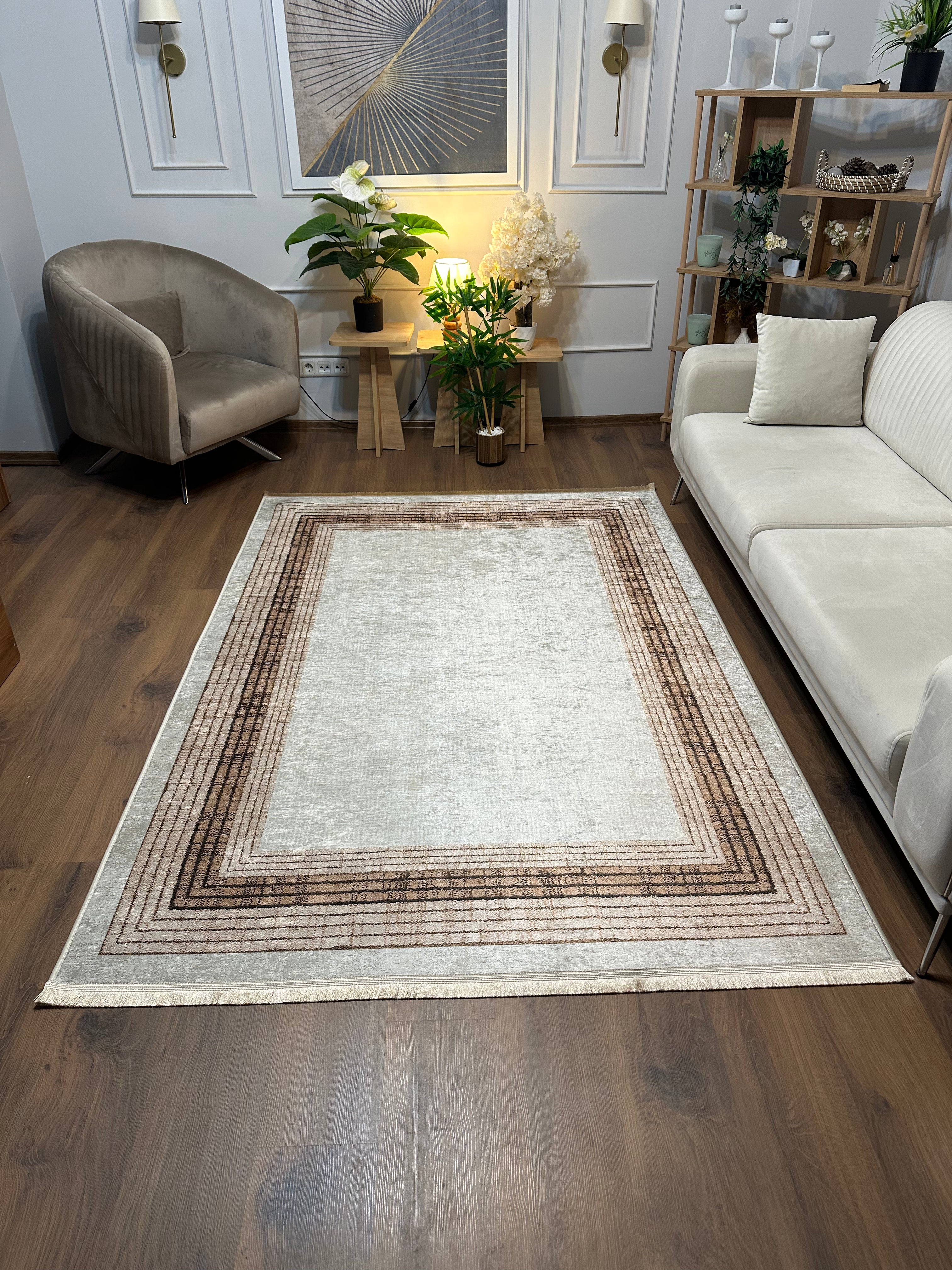 DELHİ BEJ - Kaymaz Deri Taban Makinede Yıkanabilir Salon Oturma Odası Mutfak Halısı