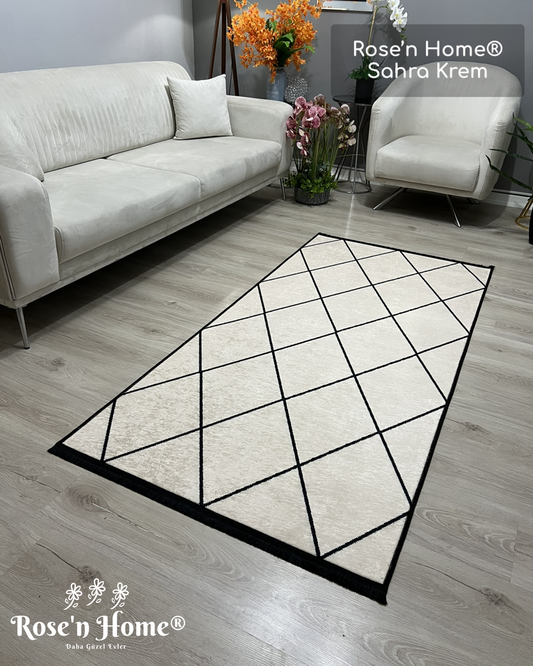 SAHRA KREM - Kaymaz Deri Taban Makinede Yıkanabilir Salon Oturma Odası Mutfak Halısı