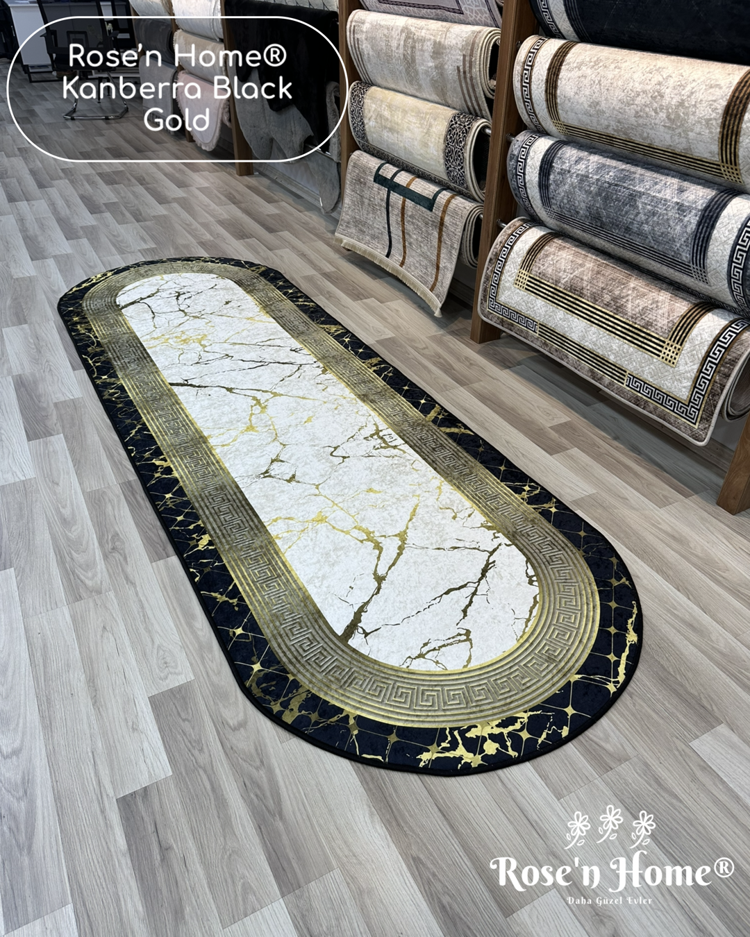 KANBERRA BLACK GOLD - Kaymaz Deri Taban Makinede Yıkanabilir Salon Oturma Odası Mutfak Halısı