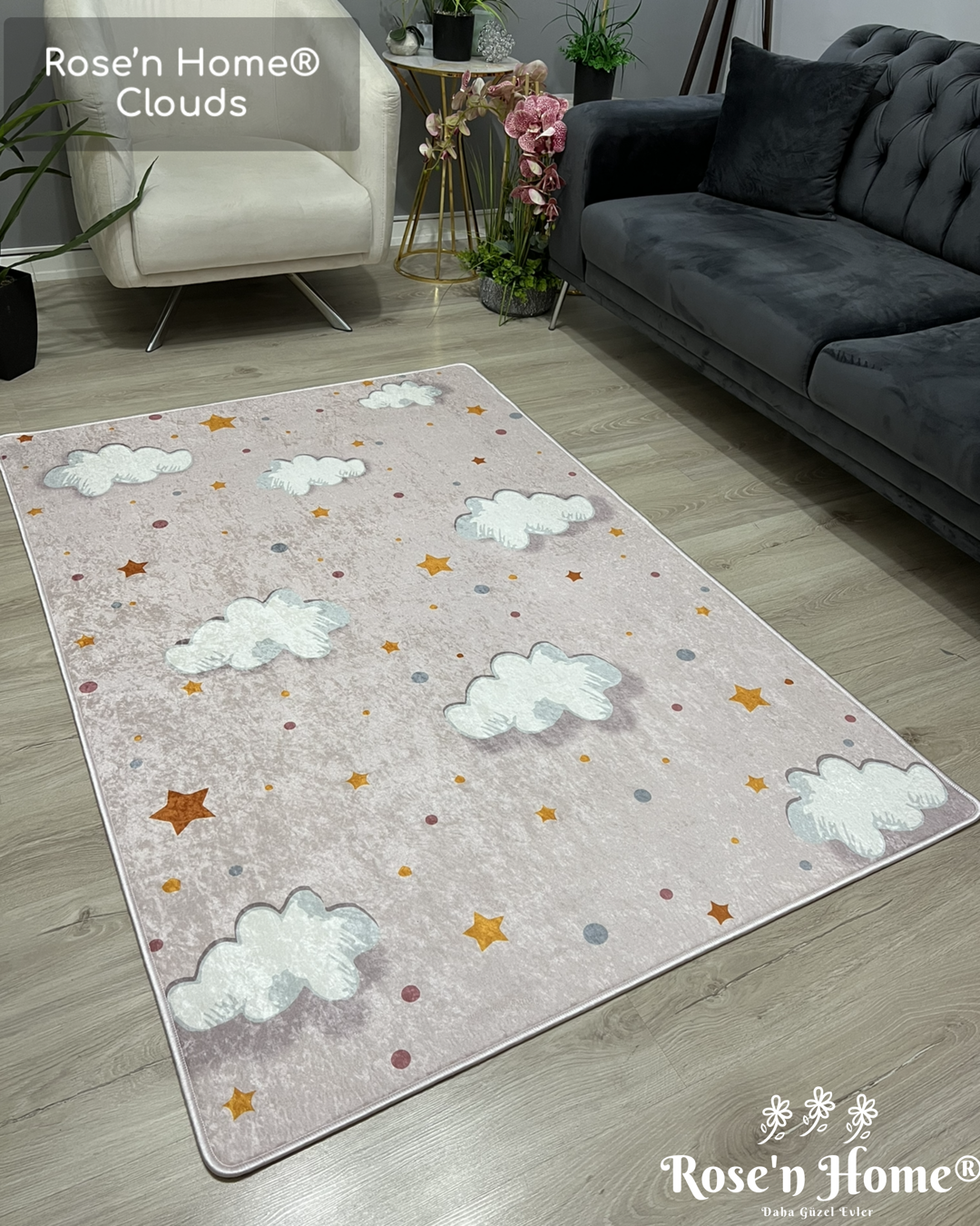 CLOUDS - Kaymaz Deri Taban Makinede Yıkanabilir Salon Oturma Odası Mutfak Halısı