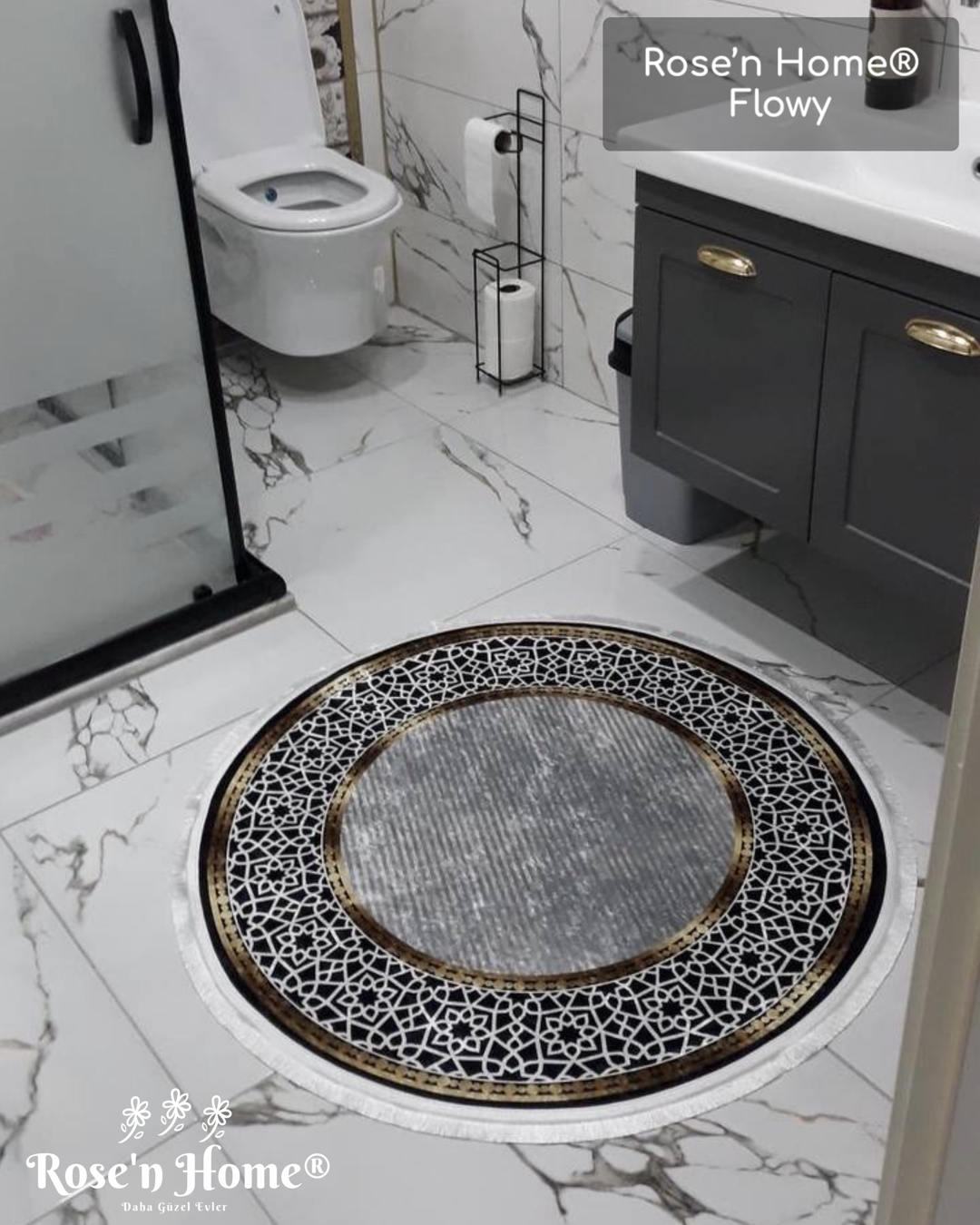 FLOWY GOLD GRİ - Kaymaz Deri Taban Makinede Yıkanabilir Salon Oturma Odası Mutfak Halısı