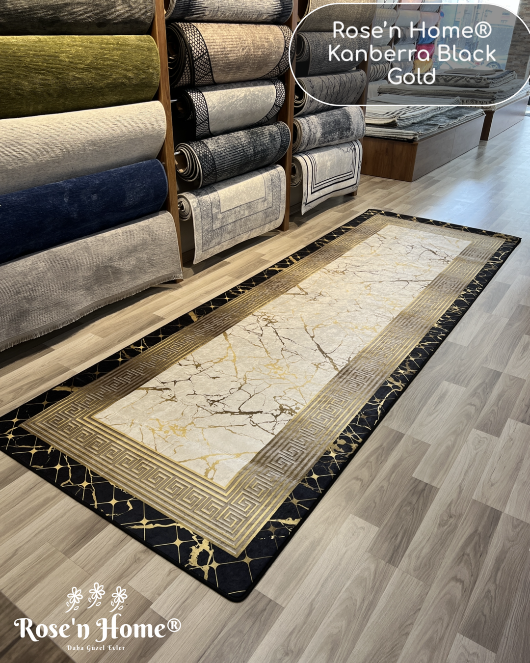 KANBERRA BLACK GOLD - Kaymaz Deri Taban Makinede Yıkanabilir Salon Oturma Odası Mutfak Halısı