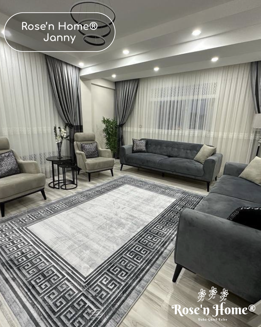 JANNY - Kaymaz Deri Taban Makinede Yıkanabilir Salon Oturma Odası Mutfak Halısı
