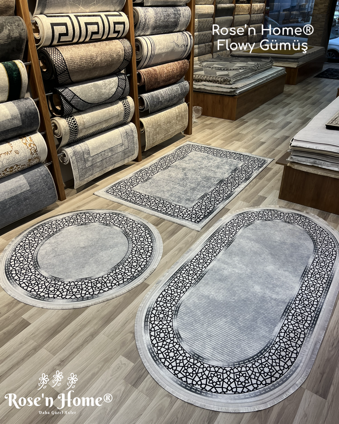 FLOWY GÜMÜŞ - Kaymaz Deri Taban Makinede Yıkanabilir Salon Oturma Odası Mutfak Halısı