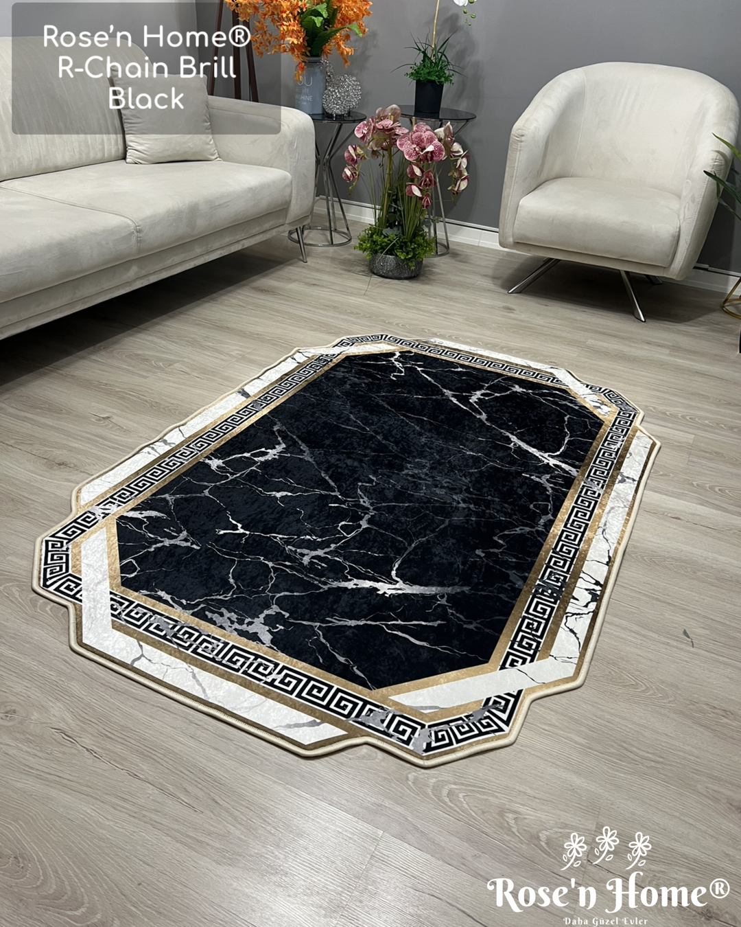 R-CHAİN BRİLL BLACK - Kaymaz Deri Taban Makinede Yıkanabilir Salon Oturma Odası Mutfak Halısı
