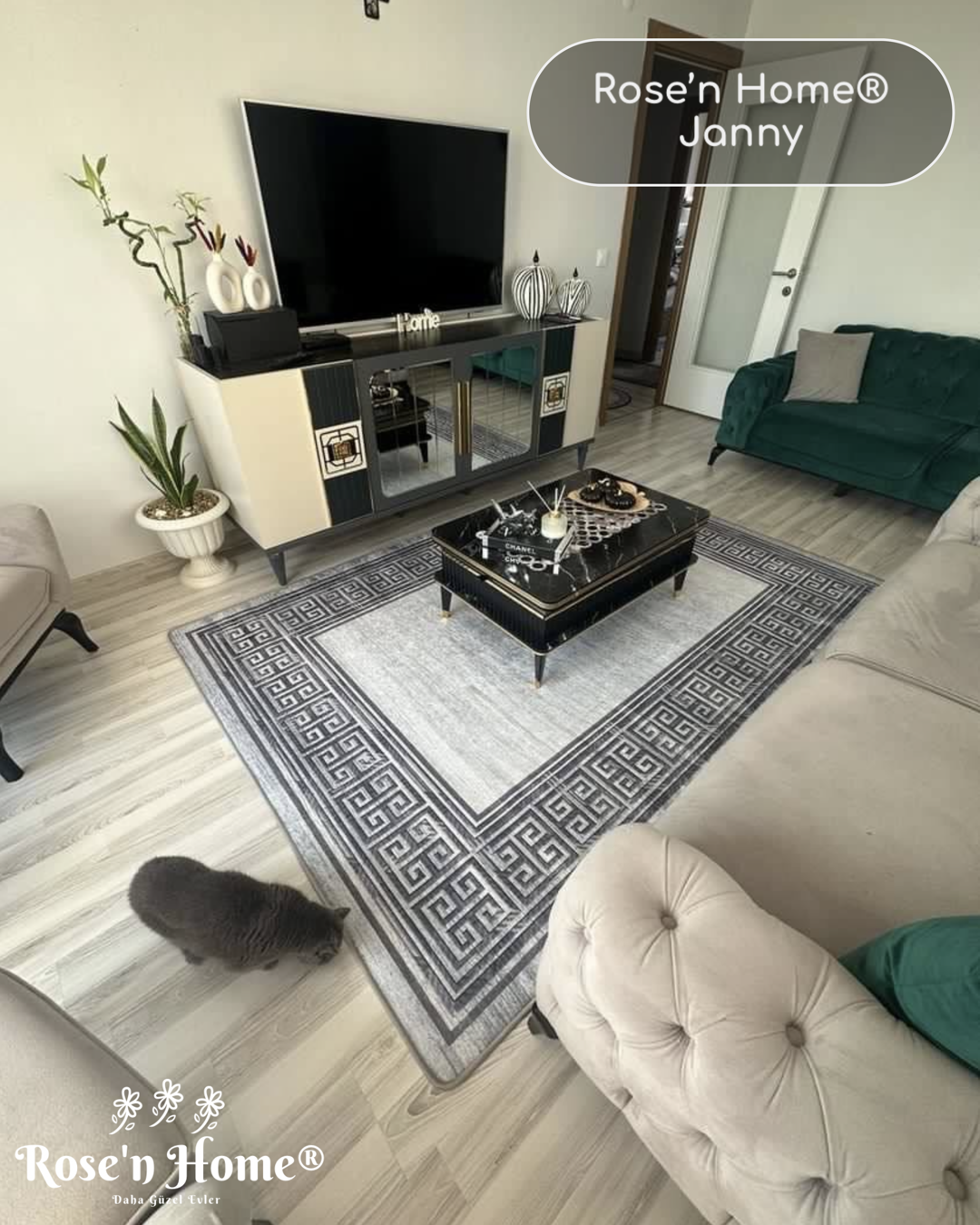 JANNY - Kaymaz Deri Taban Makinede Yıkanabilir Salon Oturma Odası Mutfak Halısı