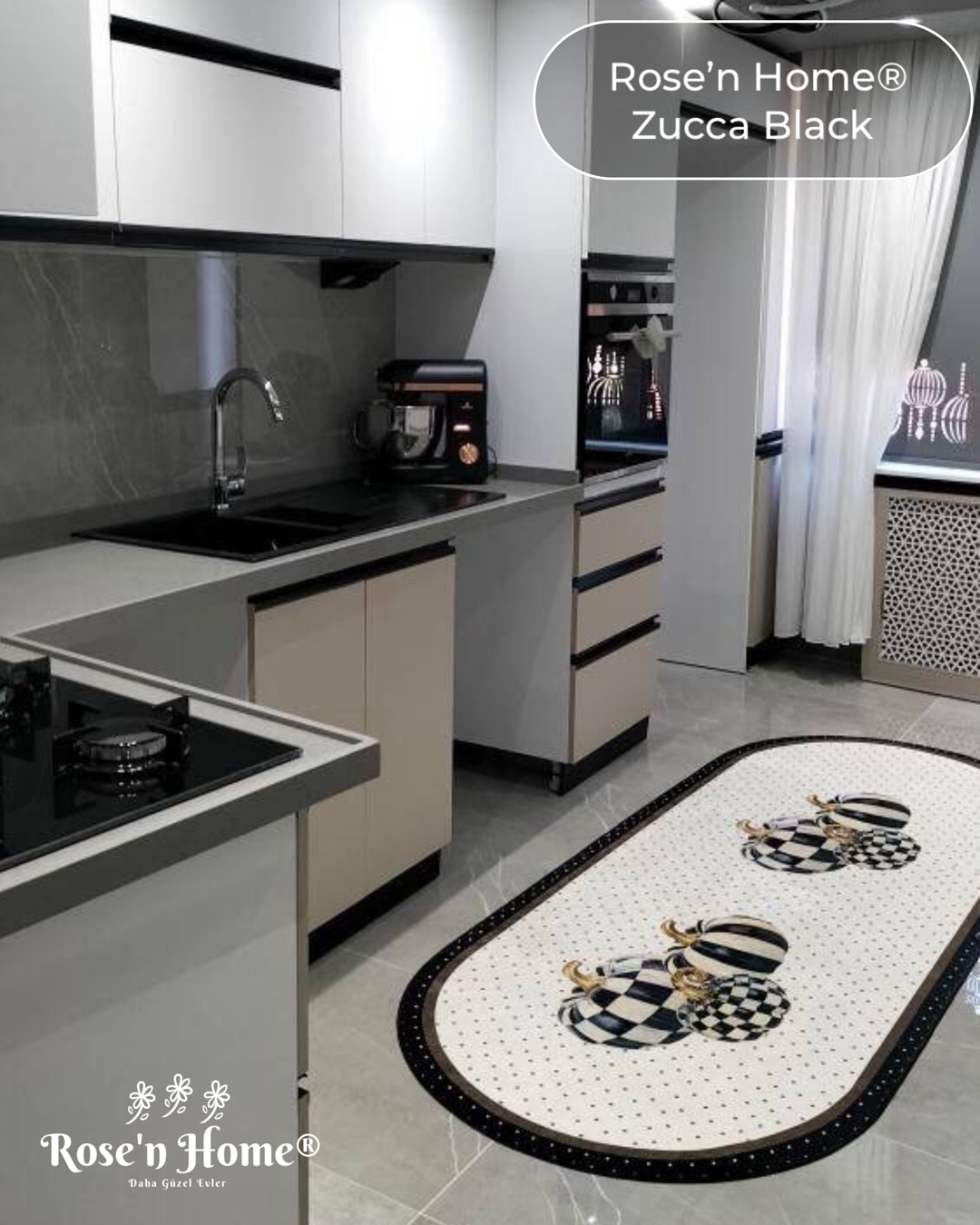 ZUCCA BLACK - Kaymaz Deri Taban Makinede Yıkanabilir Salon Oturma Odası Mutfak Halısı