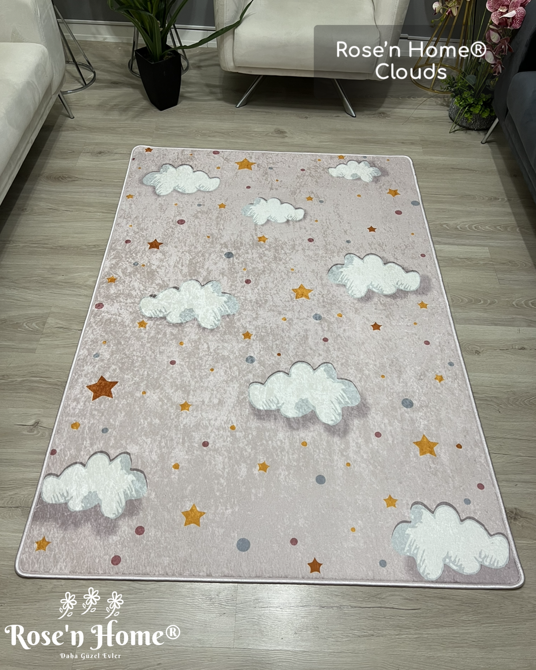 CLOUDS - Kaymaz Deri Taban Makinede Yıkanabilir Salon Oturma Odası Mutfak Halısı
