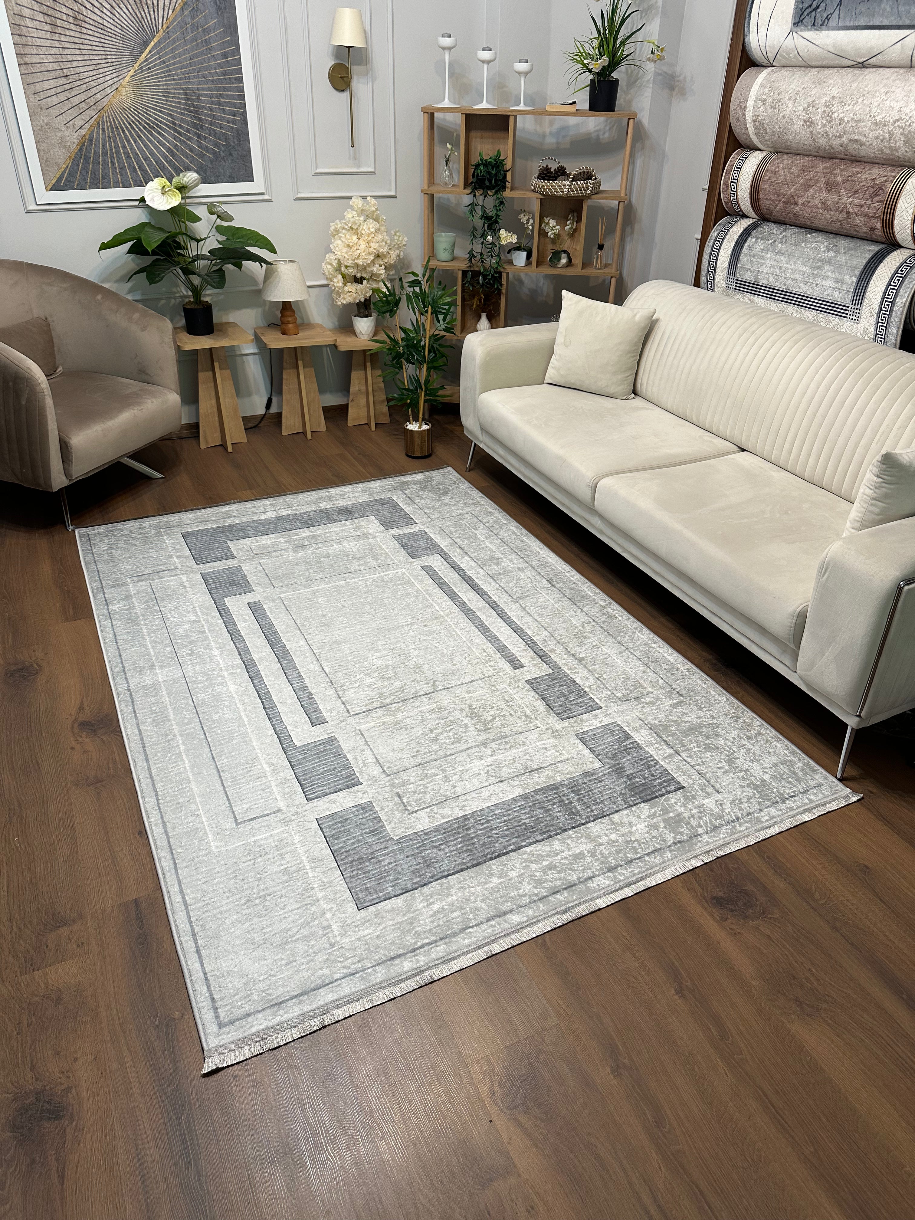 GARDEN GRİ - Kaymaz Deri Taban Makinede Yıkanabilir Salon Oturma Odası Mutfak Halısı