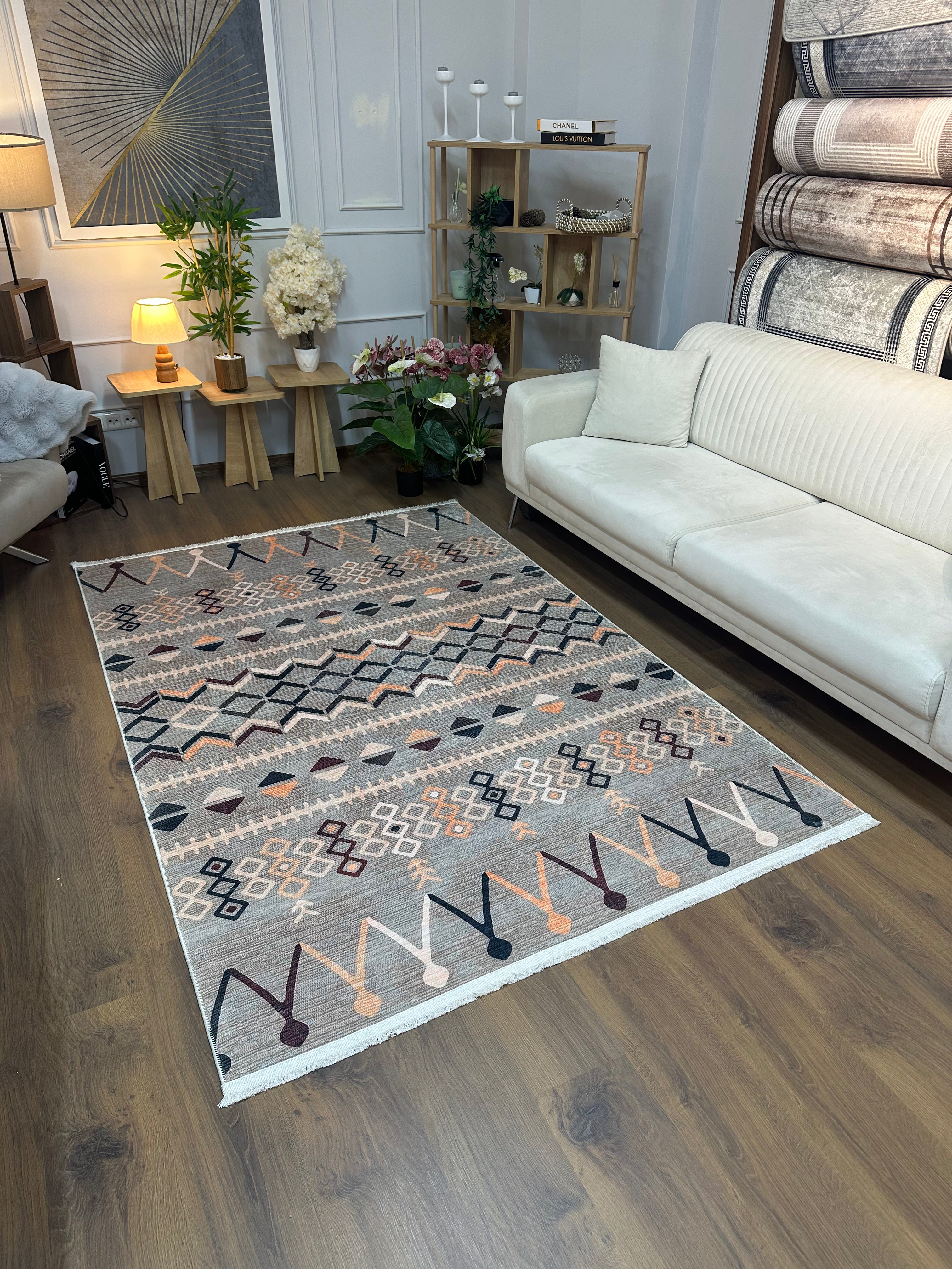 ALABANDA - Kaymaz Deri Taban Makinede Yıkanabilir Salon Oturma Odası Mutfak Halısı