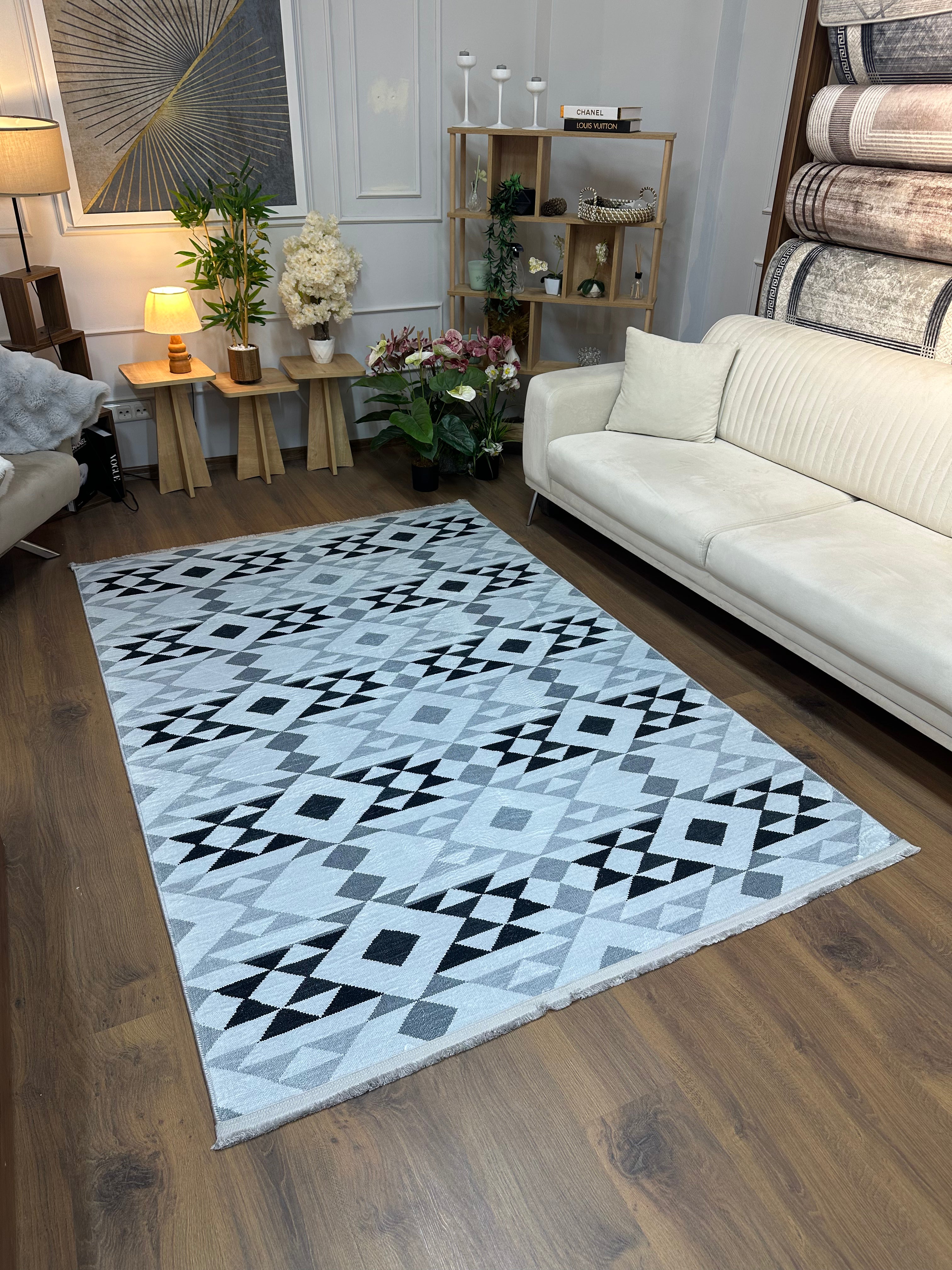 SANTO - Kaymaz Deri Taban Makinede Yıkanabilir Salon Oturma Odası Mutfak Halısı