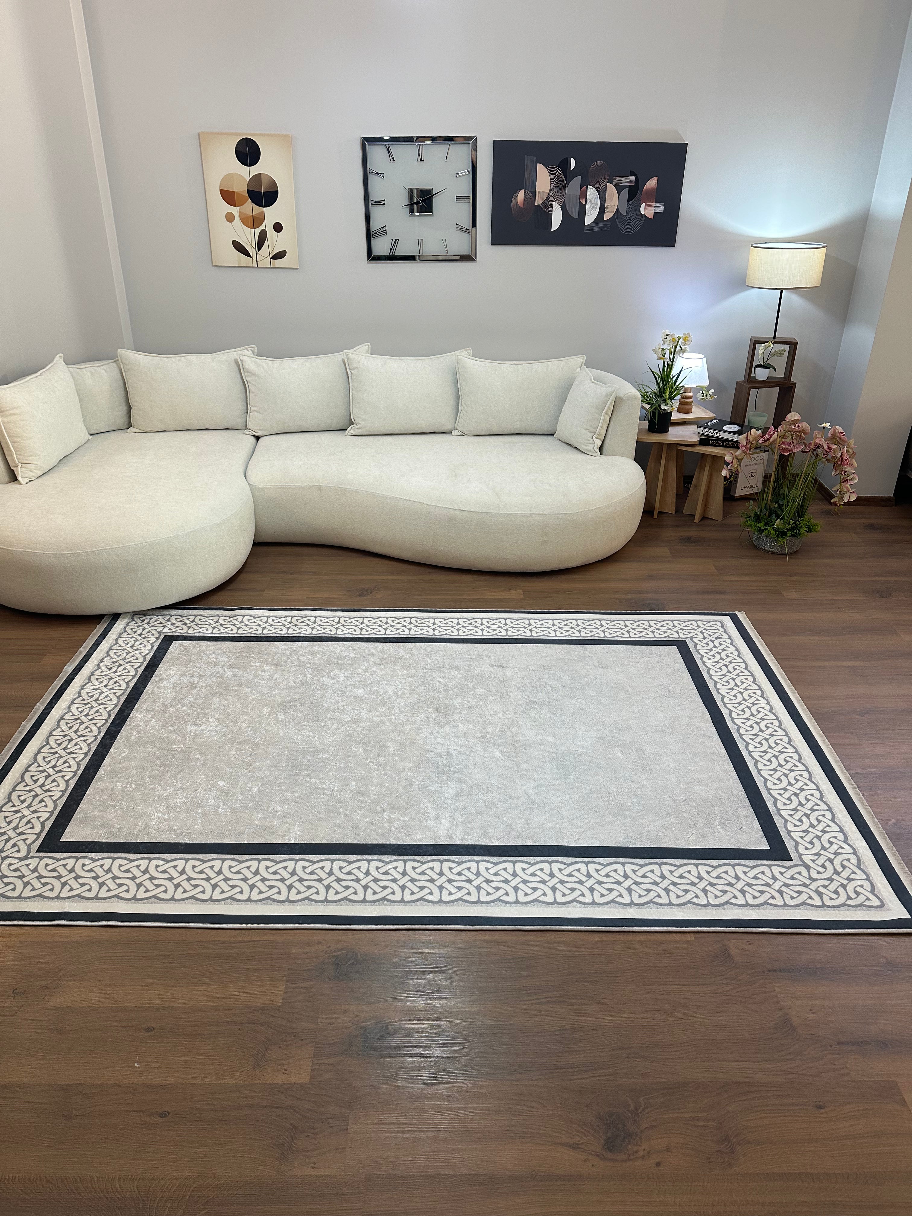 OLİVİA GRİ - Kaymaz Deri Taban Makinede Yıkanabilir Salon Oturma Odası Mutfak Halısı