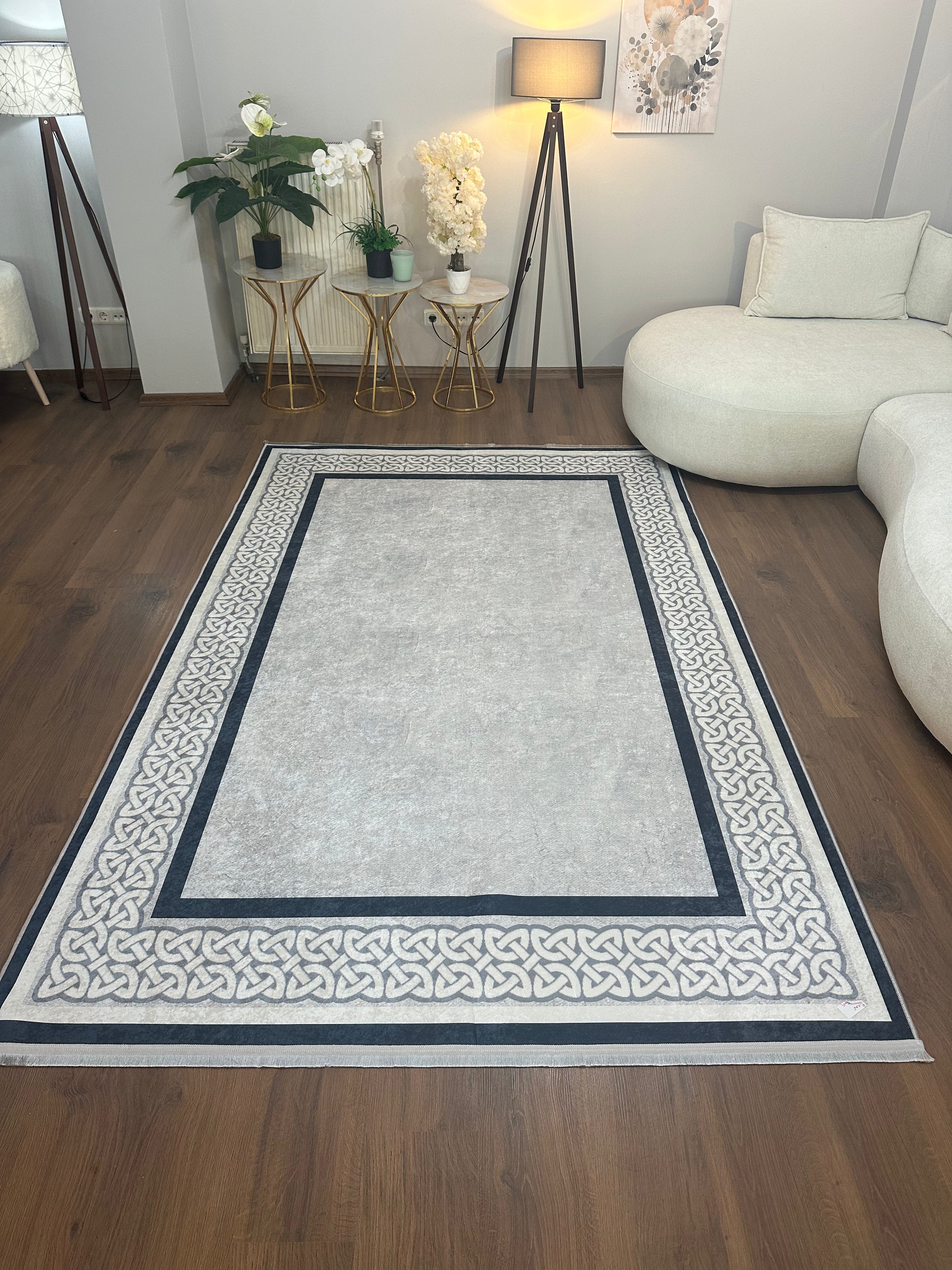 OLİVİA GRİ - Kaymaz Deri Taban Makinede Yıkanabilir Salon Oturma Odası Mutfak Halısı