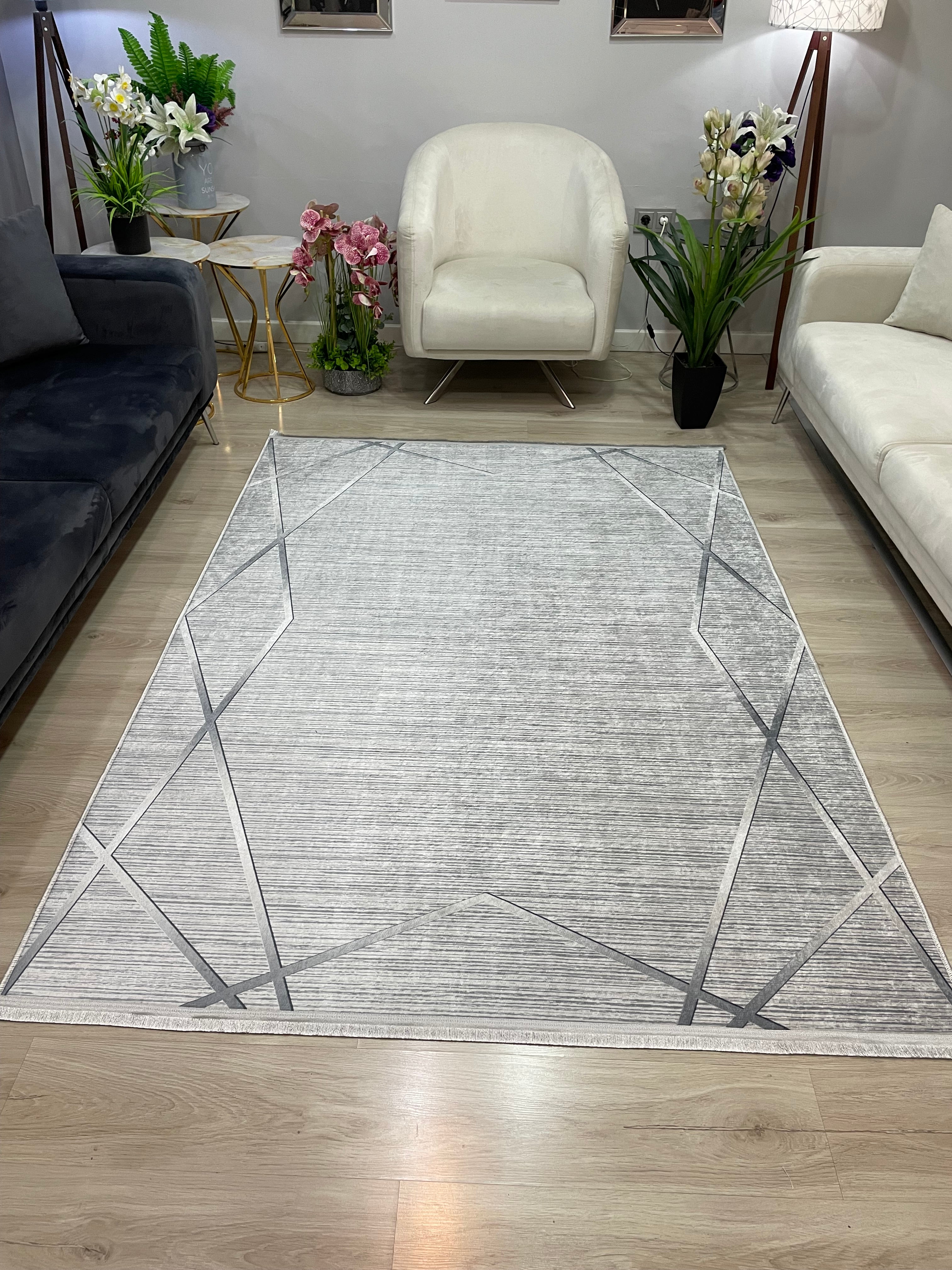 MİLAD PLATİN GÜMÜŞ - Kaymaz Deri Taban Makinede Yıkanabilir Salon Oturma Odası Mutfak Halısı