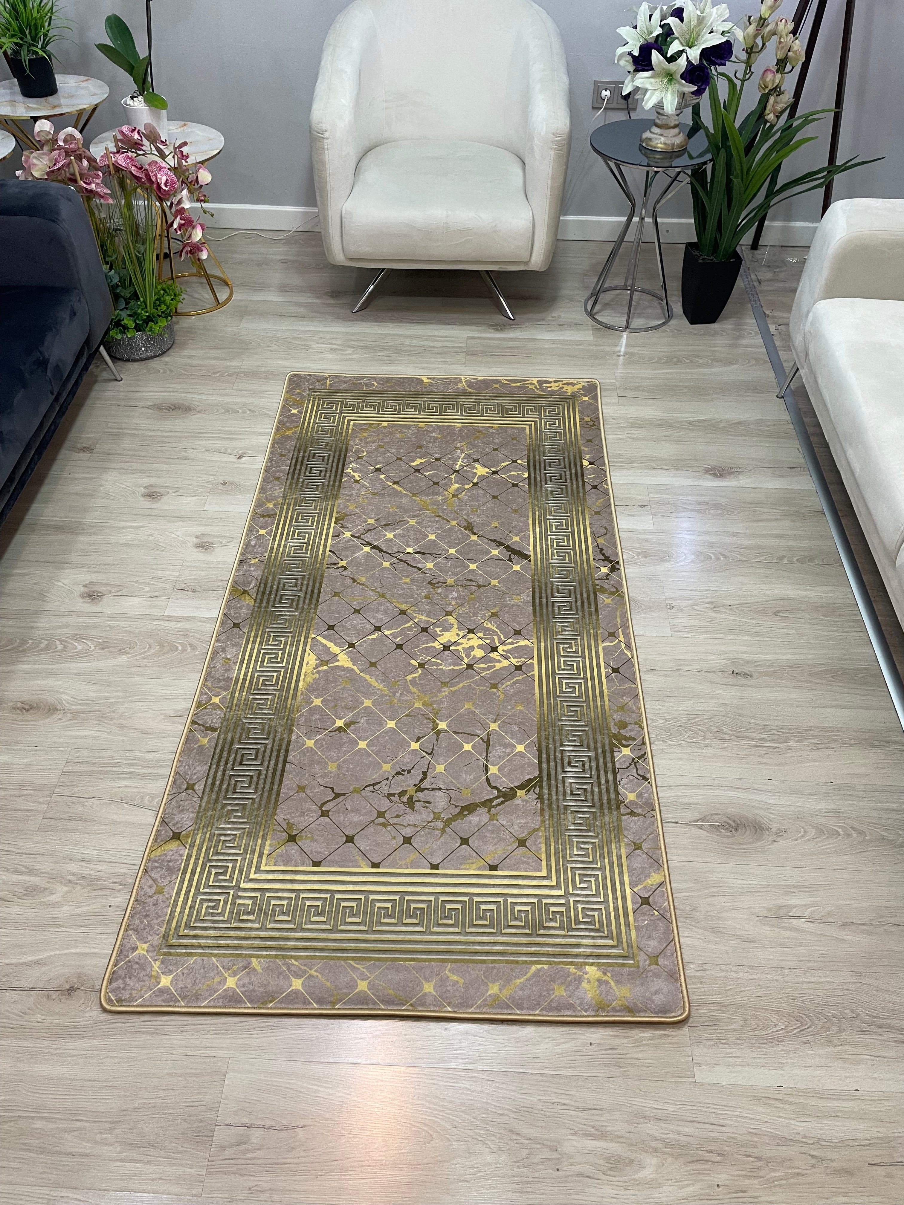 KANBERRA VİZON GOLD - Kaymaz Deri Taban Makinede Yıkanabilir Salon Oturma Odası Mutfak Halısı