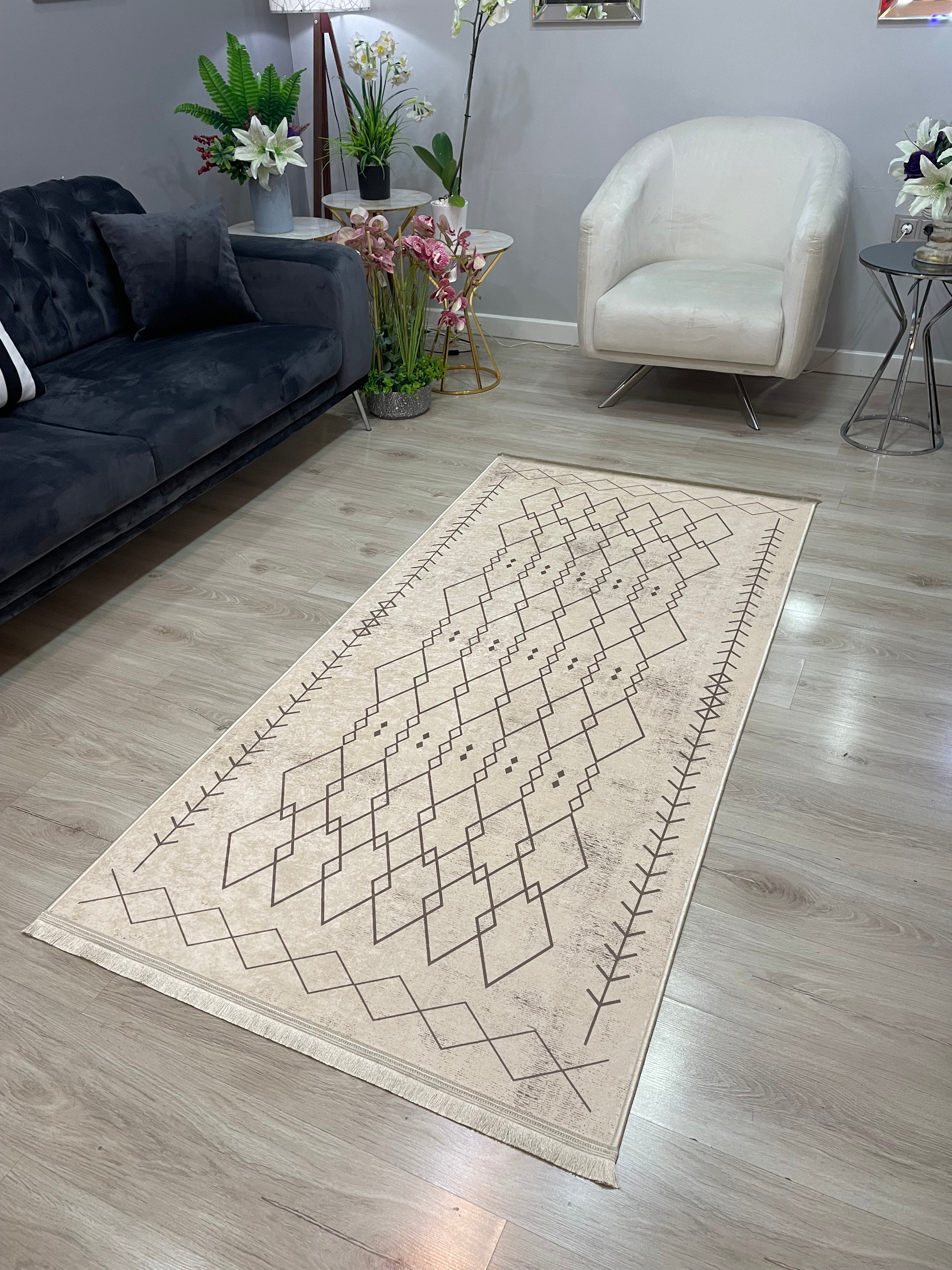 OTTOMAN KREM - Kaymaz Deri Taban Makinede Yıkanabilir Salon Oturma Odası Mutfak Halısı
