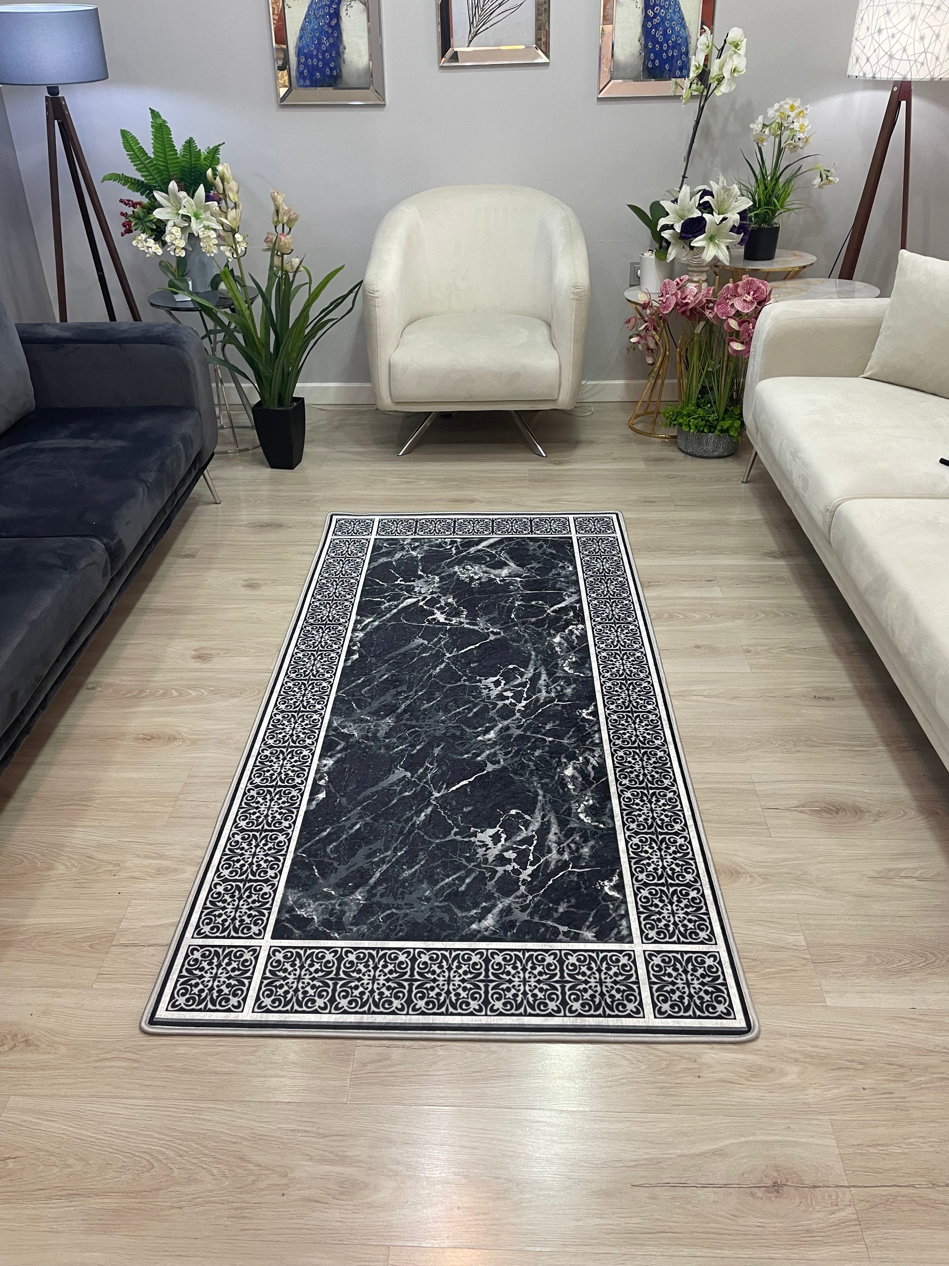 LOREN SİYAH - Kaymaz Deri Taban Makinede Yıkanabilir Salon Oturma Odası Mutfak Halısı