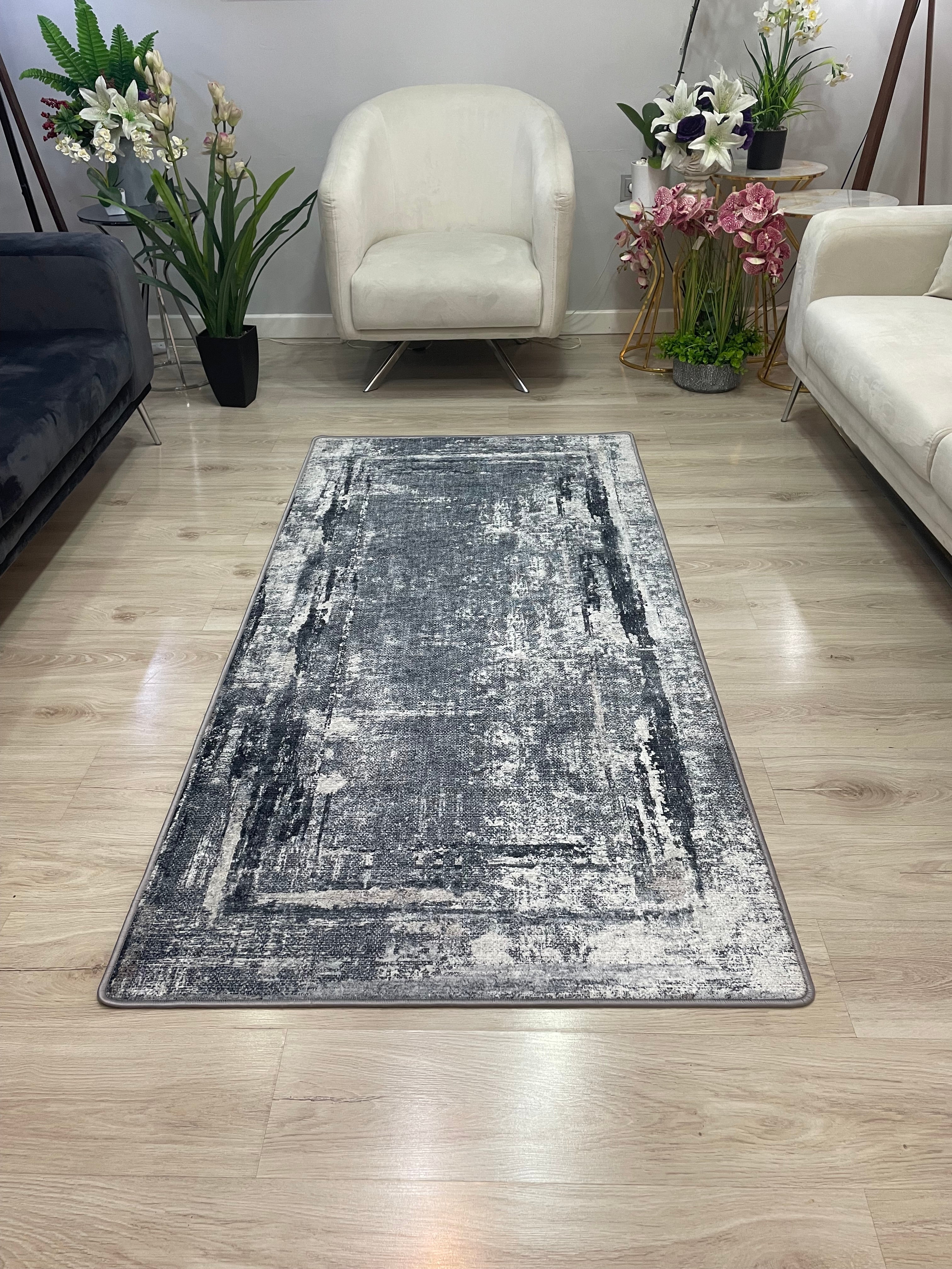ROYAL BLACK - Kaymaz Deri Taban Makinede Yıkanabilir Salon Oturma Odası Mutfak Halısı