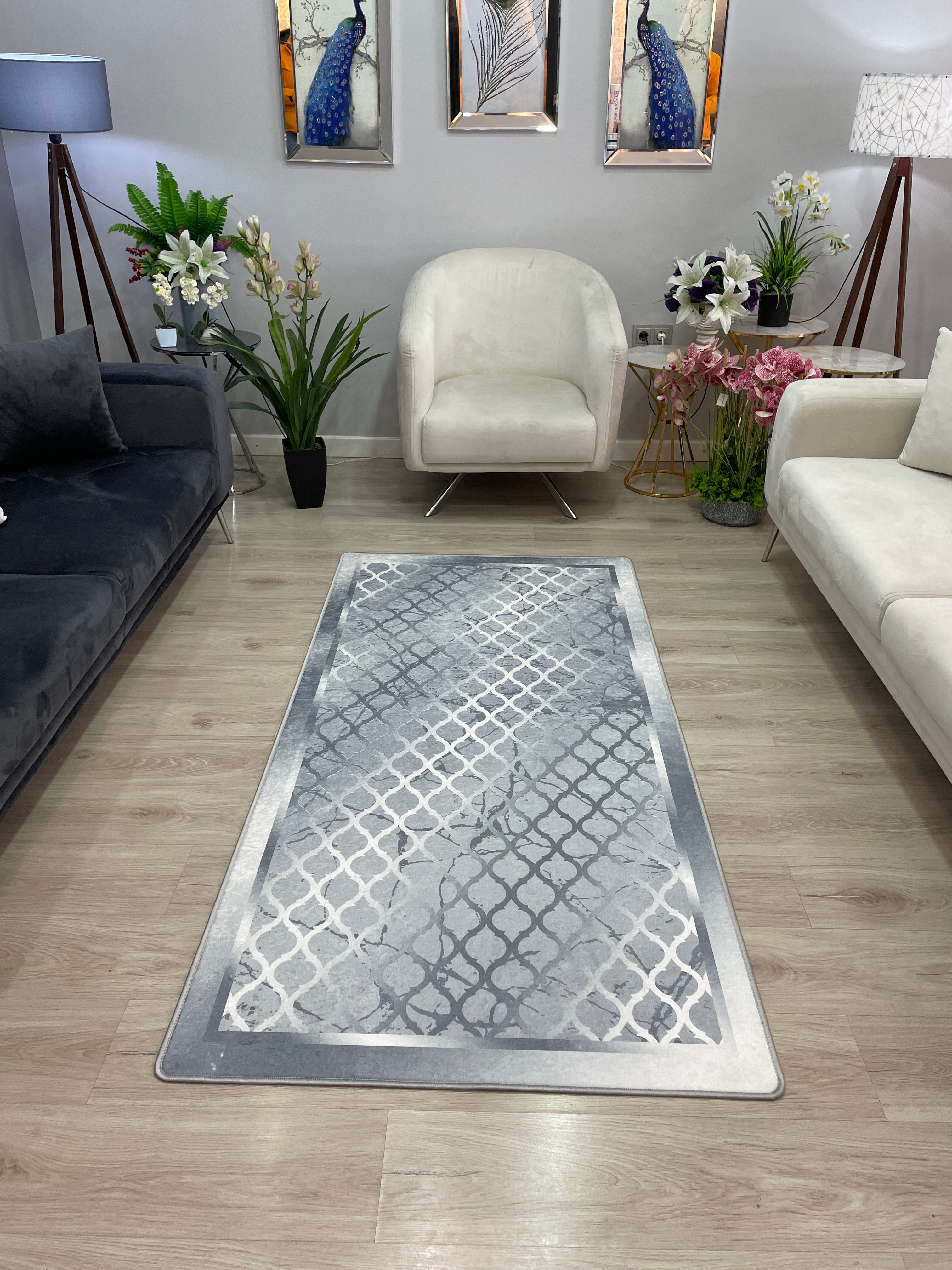 KUPA BRİLL GÜMÜŞ - Kaymaz Deri Taban Makinede Yıkanabilir Salon Oturma Odası Mutfak Halısı