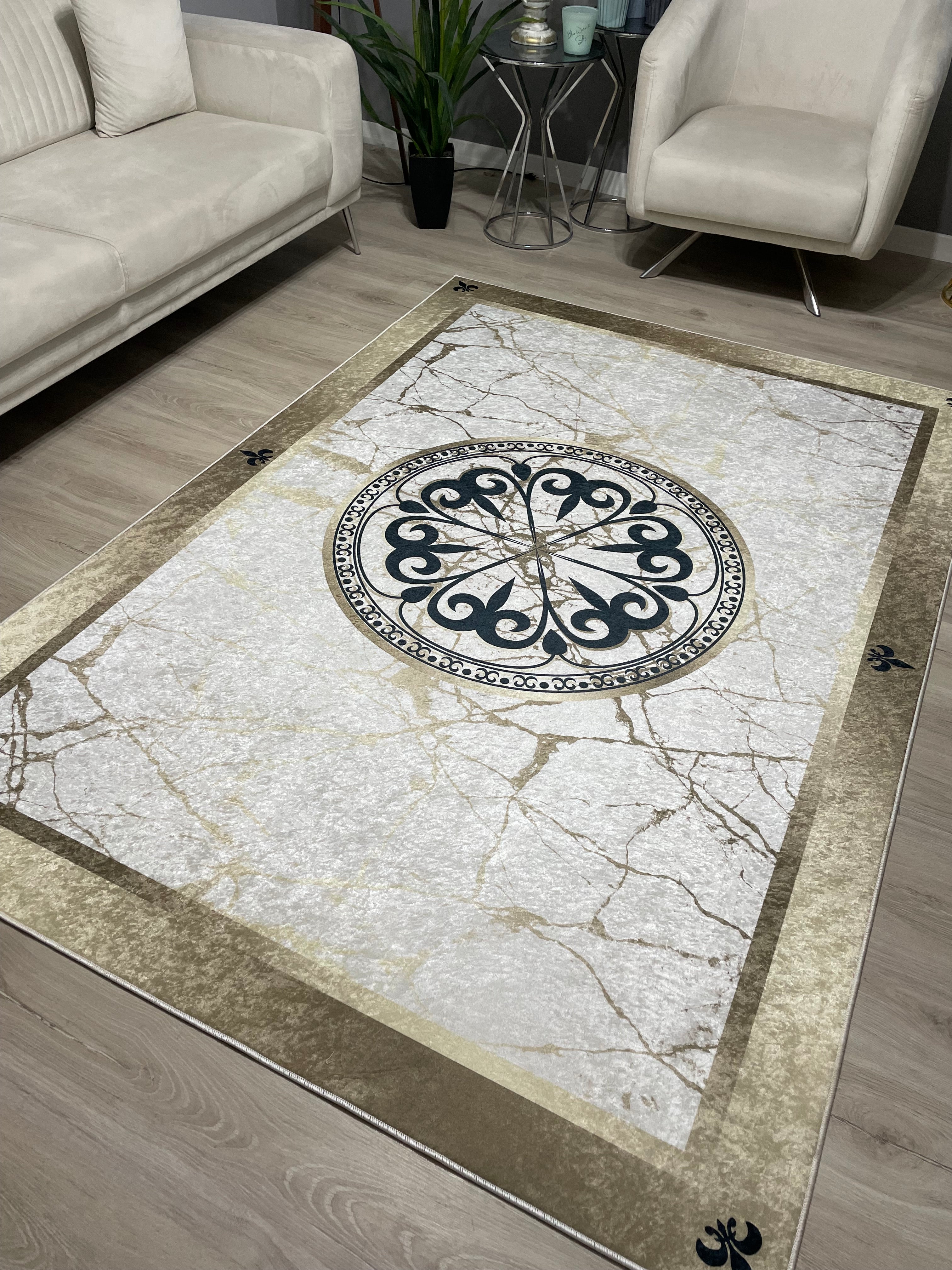 R-HANEDAN BRİLL GOLD - Kaymaz Deri Taban Makinede Yıkanabilir Salon Oturma Odası Mutfak Halısı