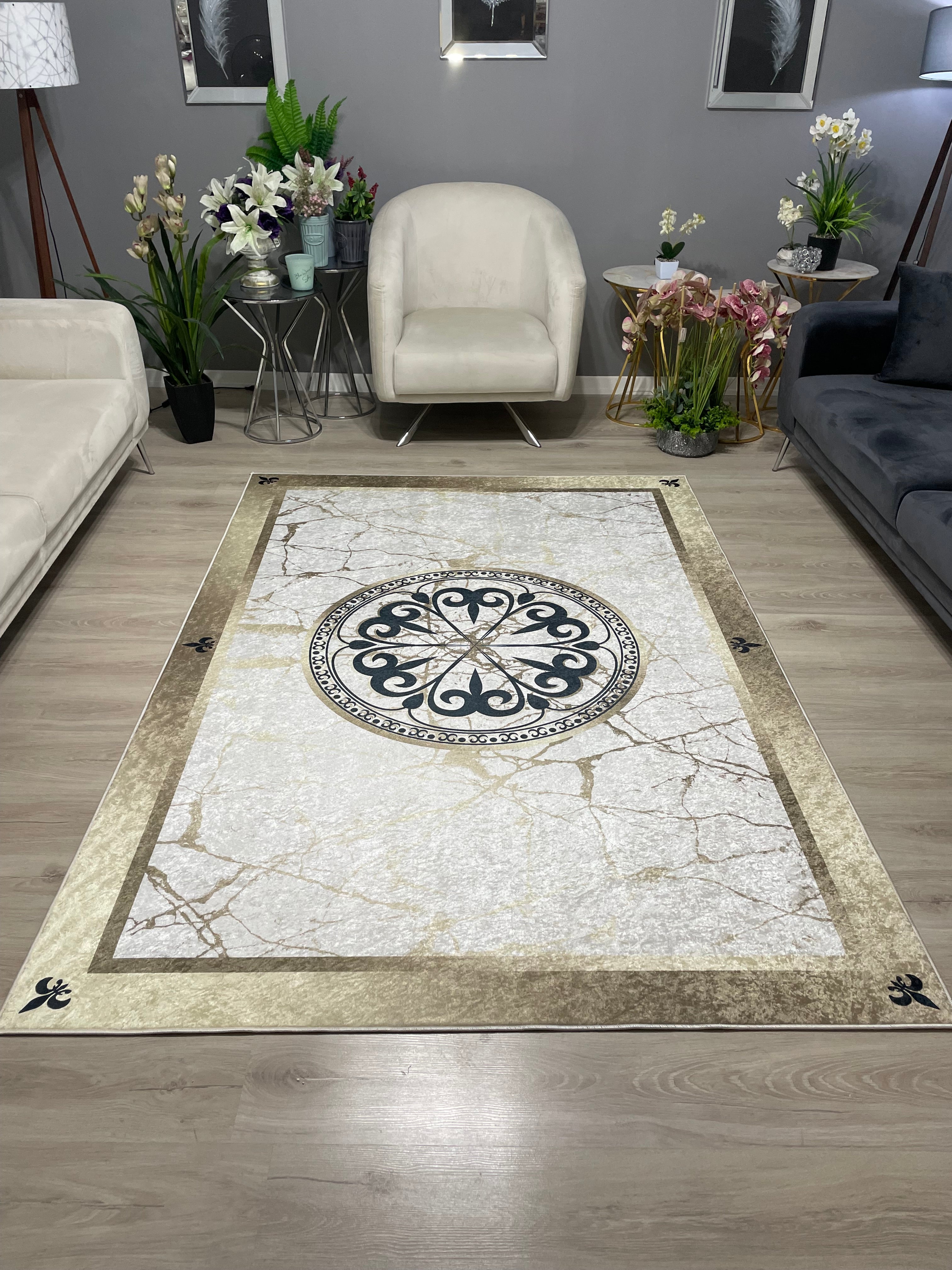 R-HANEDAN BRİLL GOLD - Kaymaz Deri Taban Makinede Yıkanabilir Salon Oturma Odası Mutfak Halısı