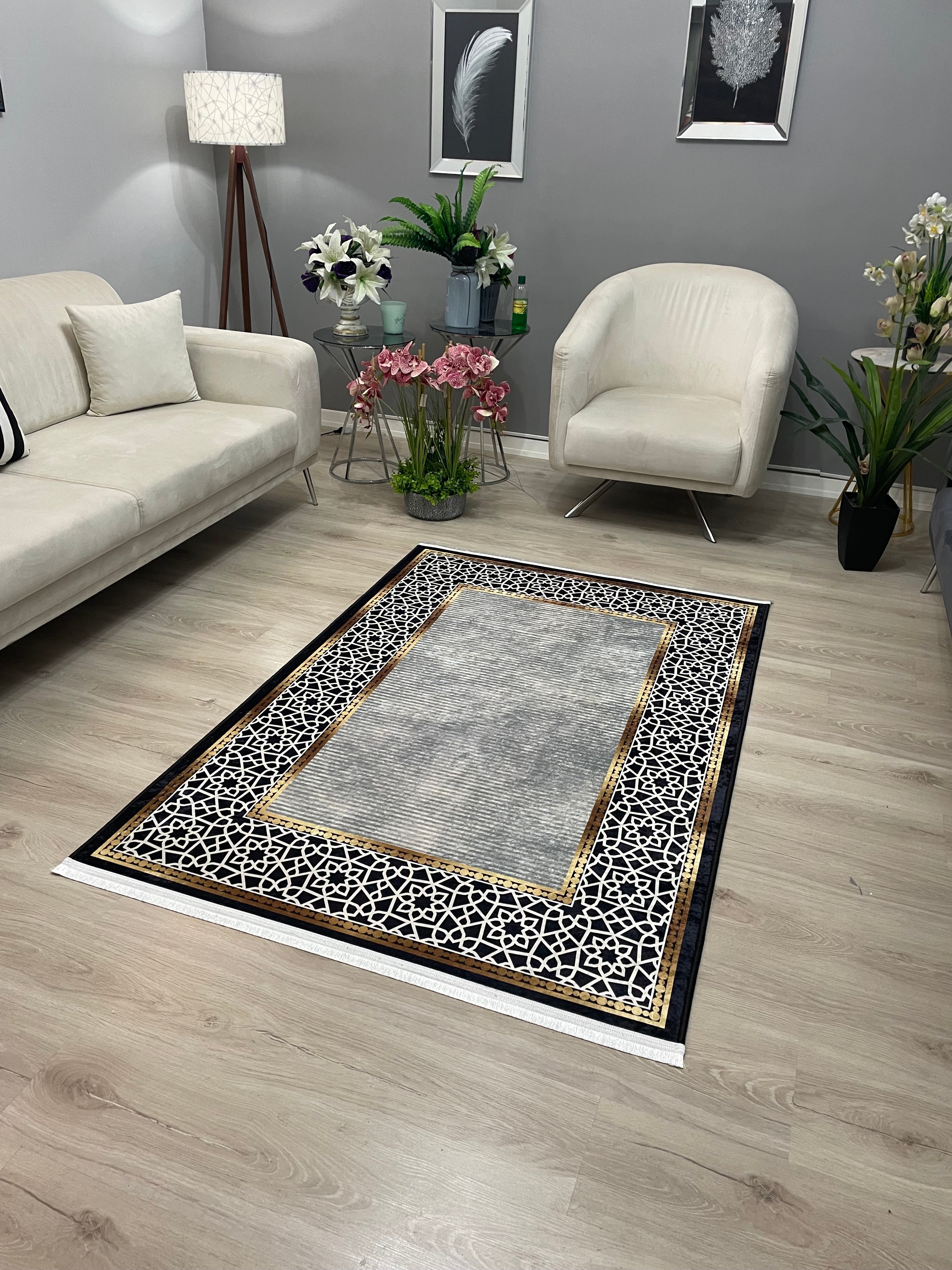FLOWY GOLD GRİ - Kaymaz Deri Taban Makinede Yıkanabilir Salon Oturma Odası Mutfak Halısı