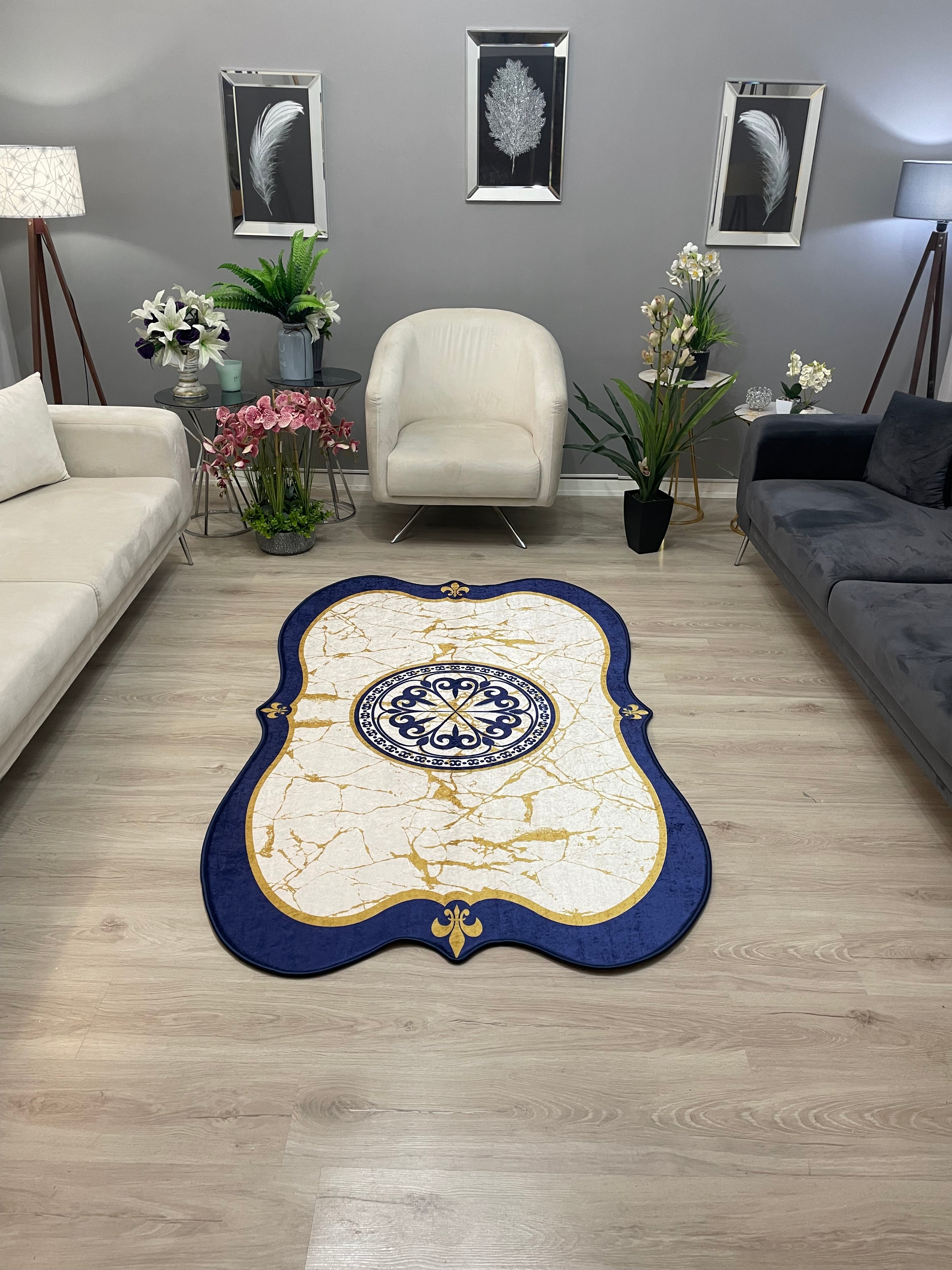 HANEDAN MERMER LACİVERT - Kaymaz Deri Taban Makinede Yıkanabilir Salon Oturma Odası Mutfak Halısı