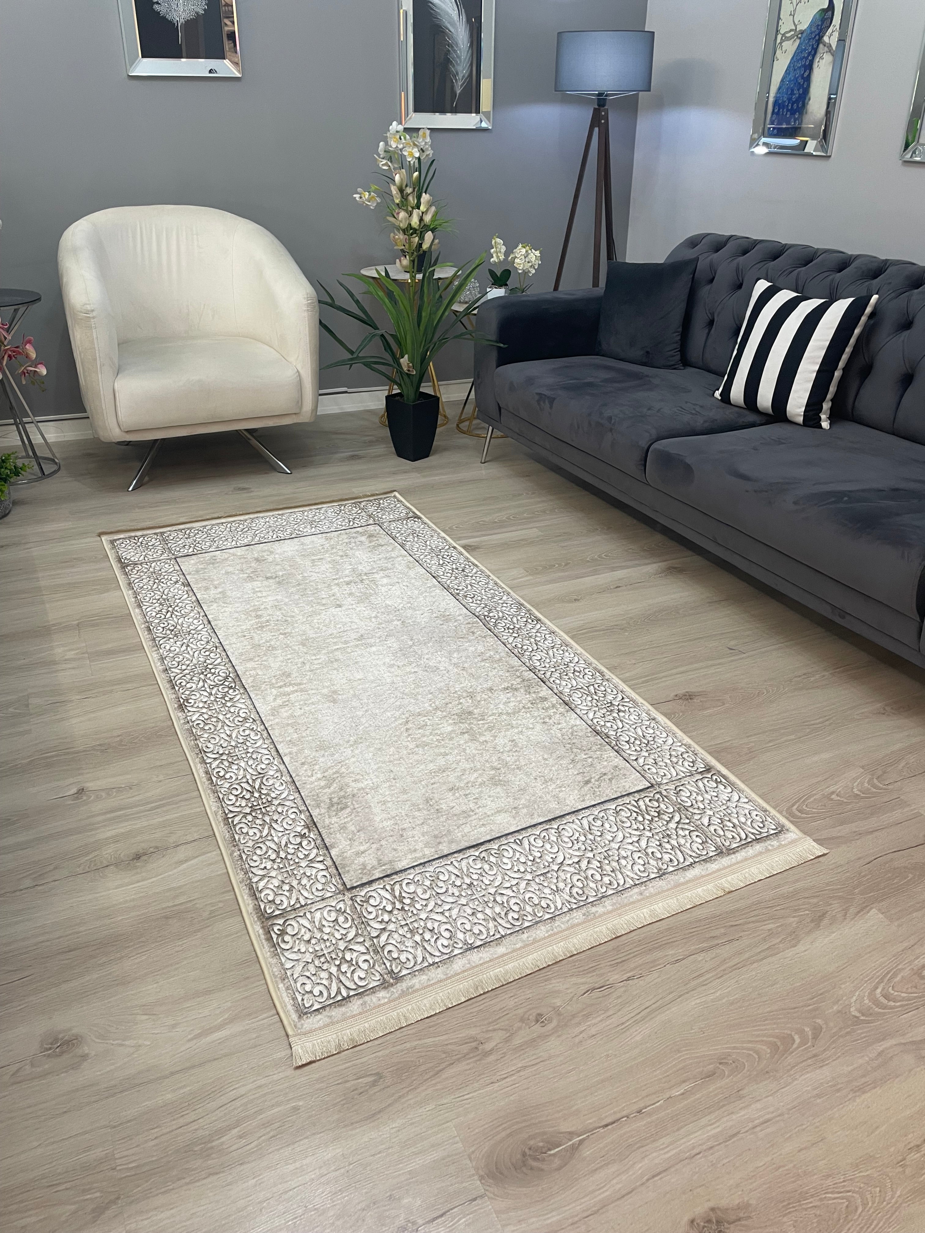 R-CARLA - Kaymaz Deri Taban Makinede Yıkanabilir Salon Oturma Odası Mutfak Halısı