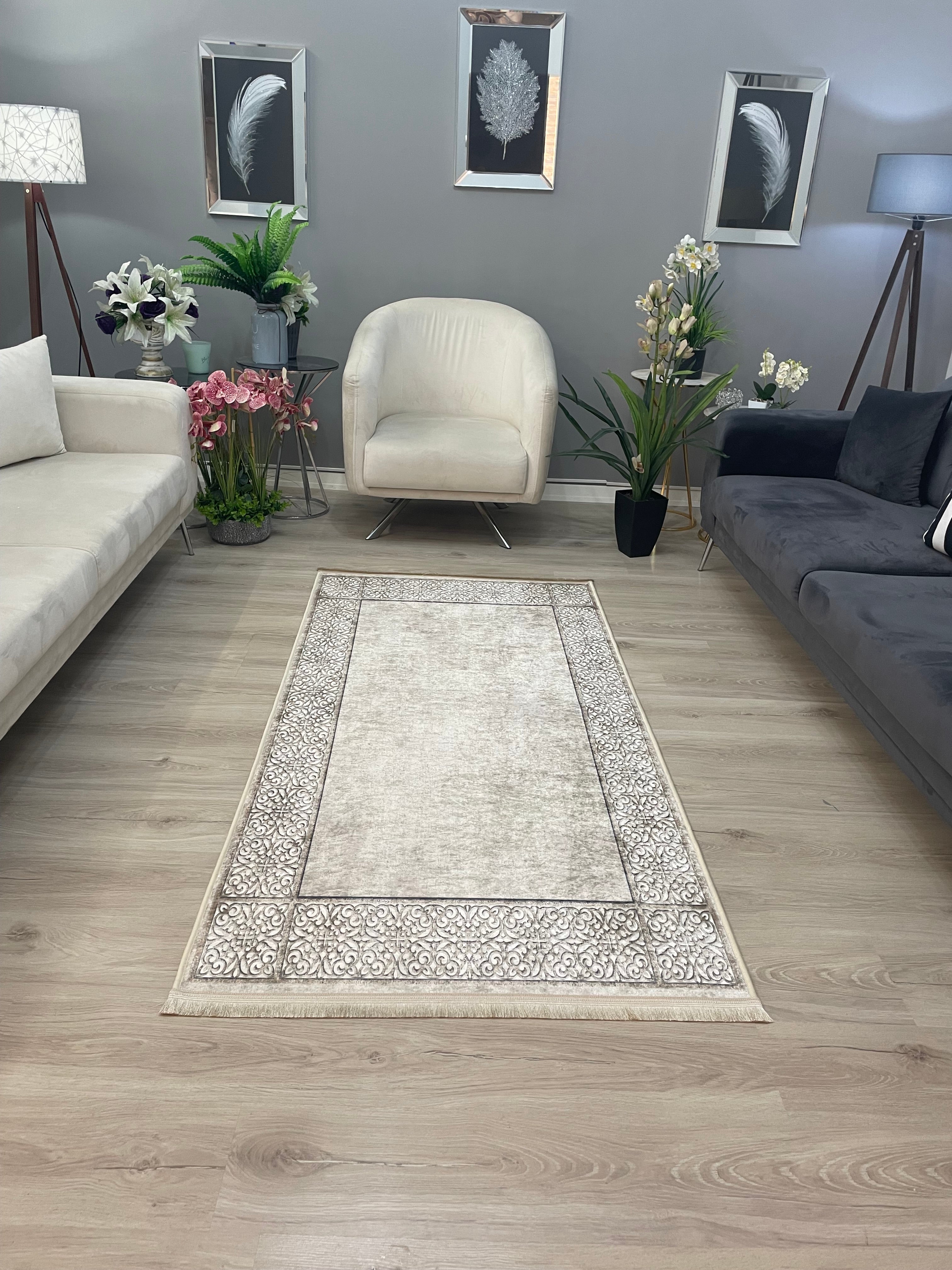 R-CARLA - Kaymaz Deri Taban Makinede Yıkanabilir Salon Oturma Odası Mutfak Halısı