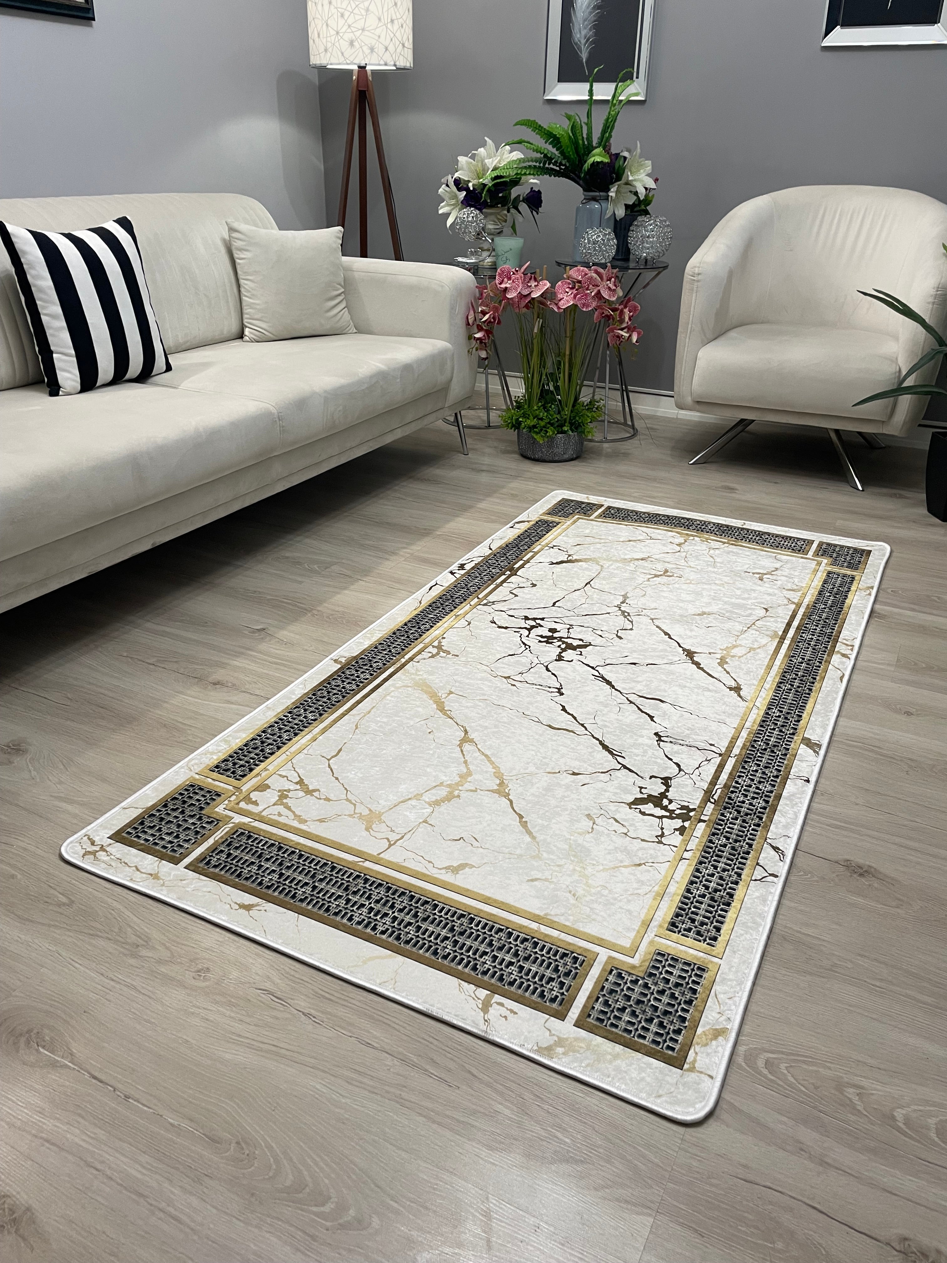 MAPLE - Kaymaz Deri Taban Makinede Yıkanabilir Salon Oturma Odası Mutfak Halısı