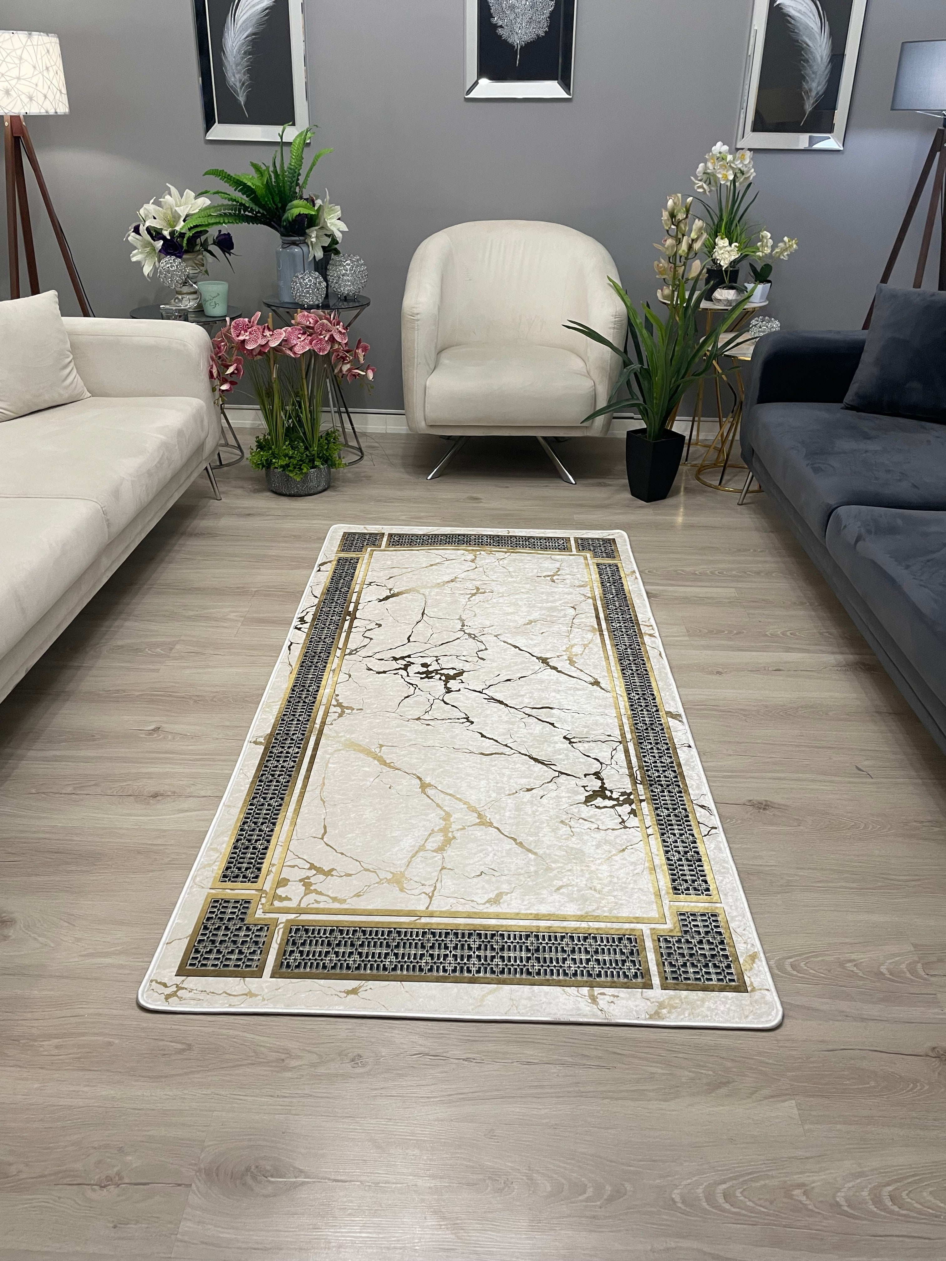 MAPLE - Kaymaz Deri Taban Makinede Yıkanabilir Salon Oturma Odası Mutfak Halısı