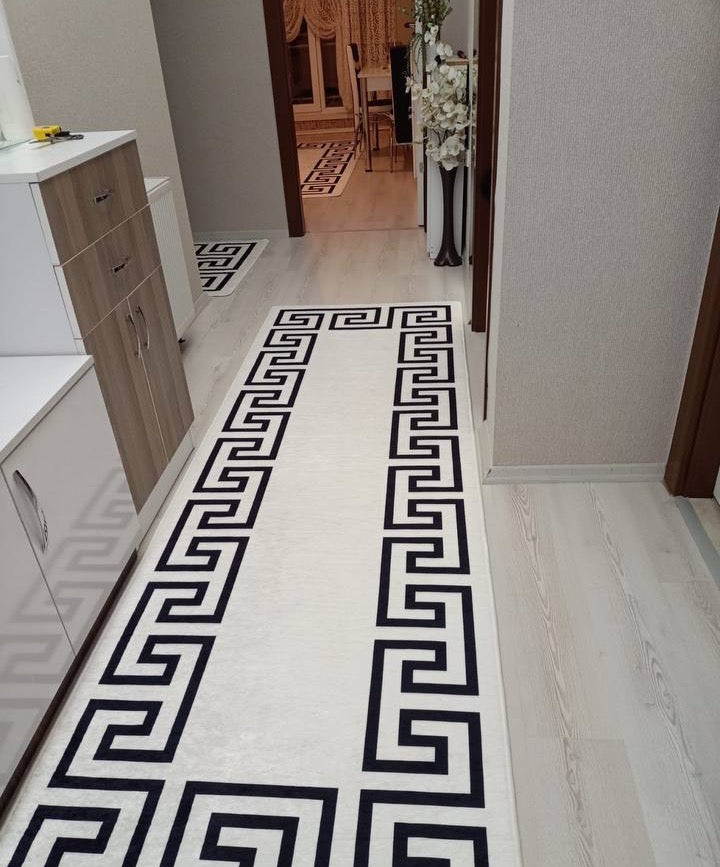 CHAİN BEYAZ - Kaymaz Deri Taban Makinede Yıkanabilir Salon Oturma Odası Mutfak Halısı