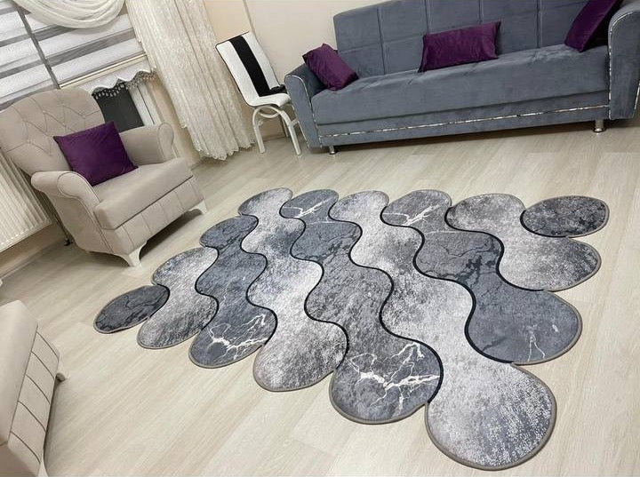 FORM MERMER BRİLL GRİ - Kaymaz Deri Taban Makinede Yıkanabilir Salon Oturma Odası Mutfak Halısı