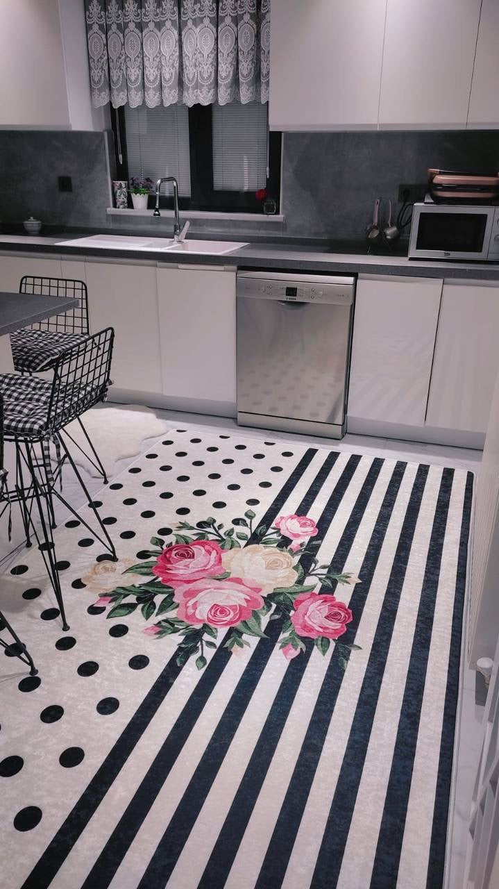 ROSE ALFA - Kaymaz Deri Taban Makinede Yıkanabilir Salon Oturma Odası Mutfak Halısı