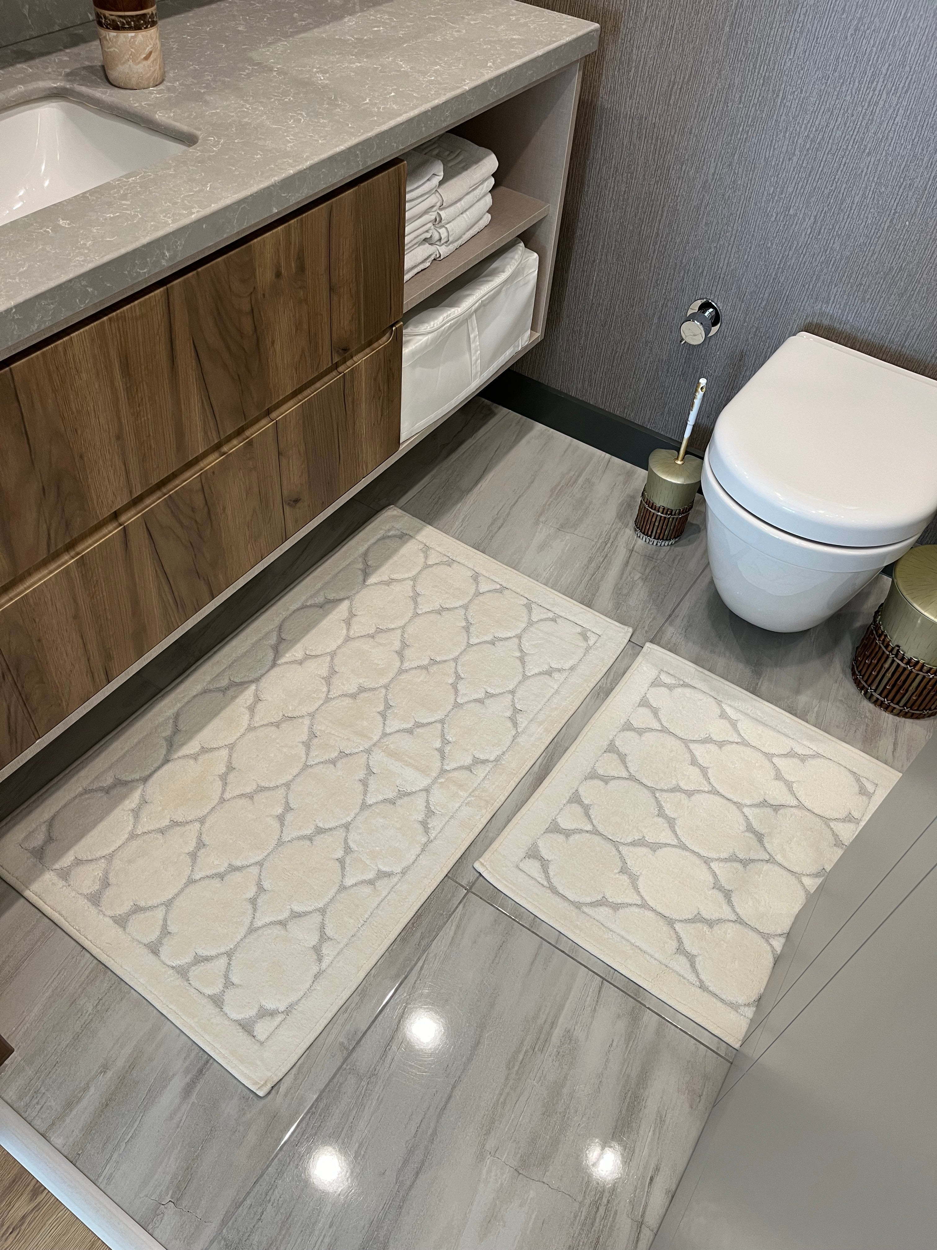 KREM - Yıkanabilir Pamuk Dokuma Taban Taban 60x100 50x60 2'li Banyo Paspas ve Klozet Takımı